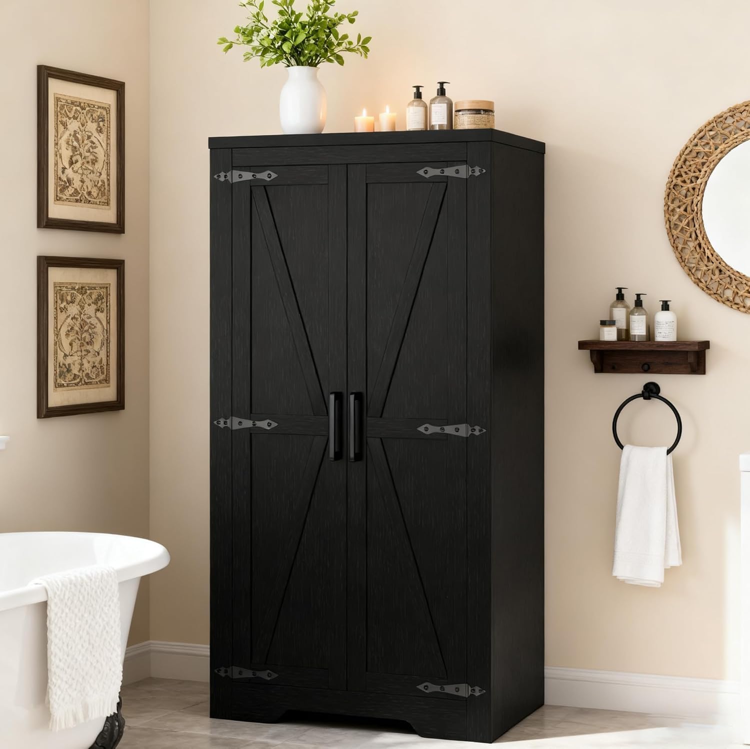 Befrases 47" Kitchen Pantry Cabinet, Farmhouse Kitchen Pantry Storage Cabinets with 2 Door and 2 Adjustable Shelves, Freestanding Cupboard for Dining Room, Living Room, Bathroom (Black)