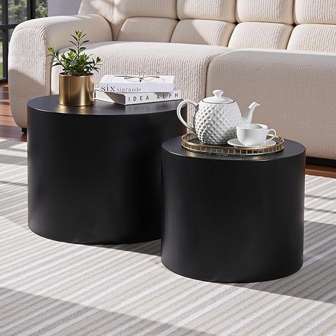 Nesting Coffee Table Set of 2 – Round Accent Tables with Non-Slip Feet