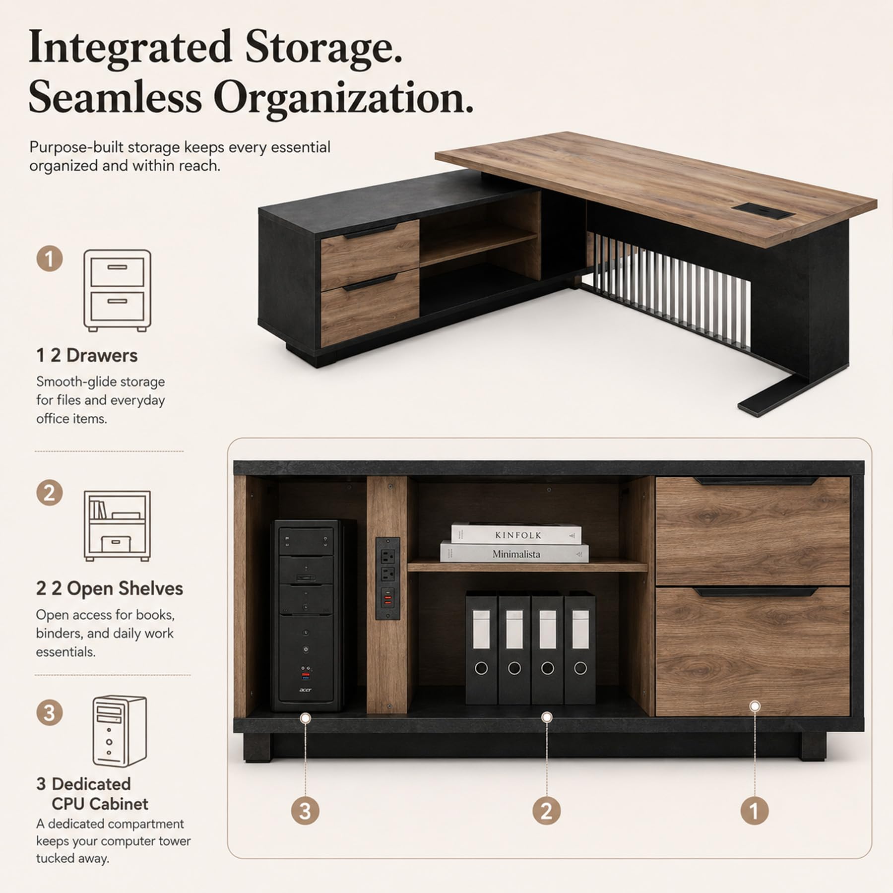 70.86 inch Inch Large Executive Desk with Drawers Cabinet, L Shaped Office Desk, Computer Desk with Universal Charging Ports and Cable Management for Business Furniture Set Workstation for Home Office