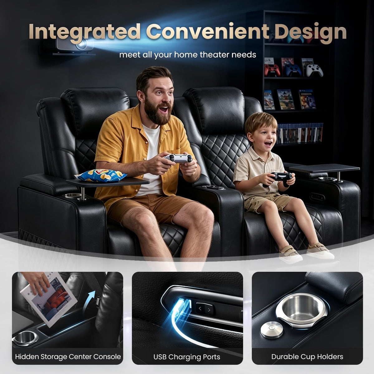 MBBMW Home Theater Seating, 5 Seat Power Recliner Sofa, Large Faux Leather Movie Couch with Adjustable Headrest, Ambient LED Lighting, USB Ports, Cup Holders and Hidden Arm Storage for Living Room