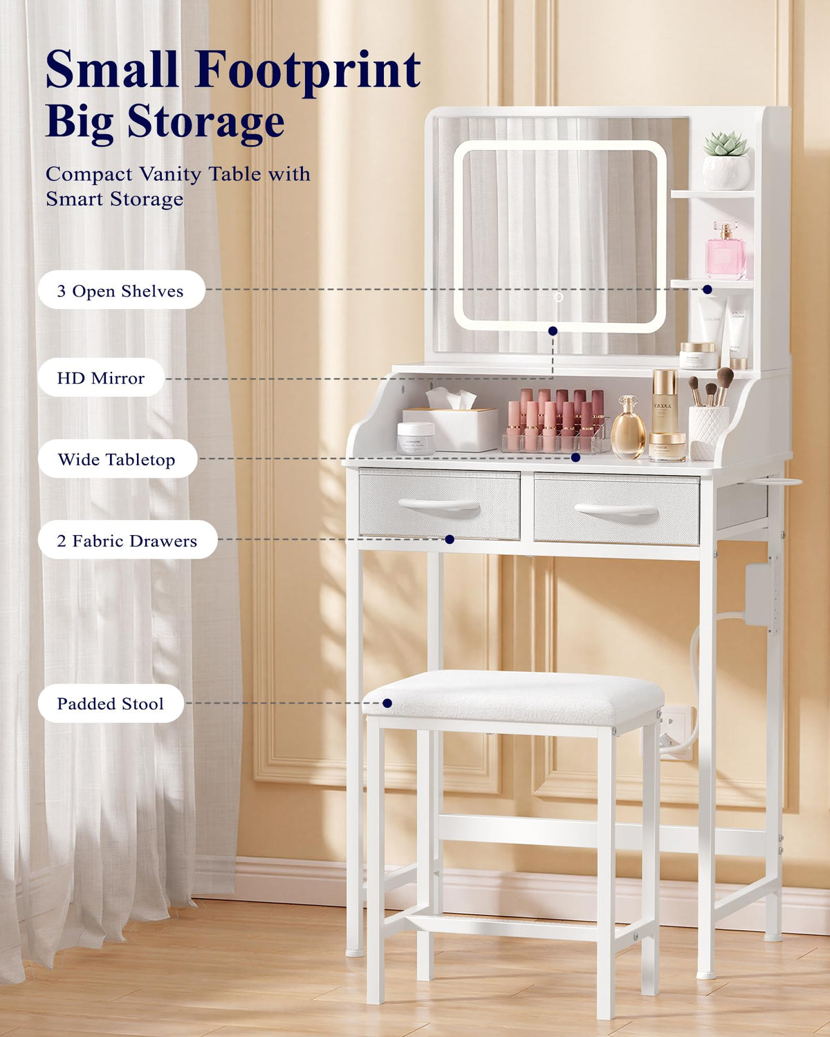 Kitsure 23.6" W Small Vanity Desk with Mirror and Lights, Power Outlet