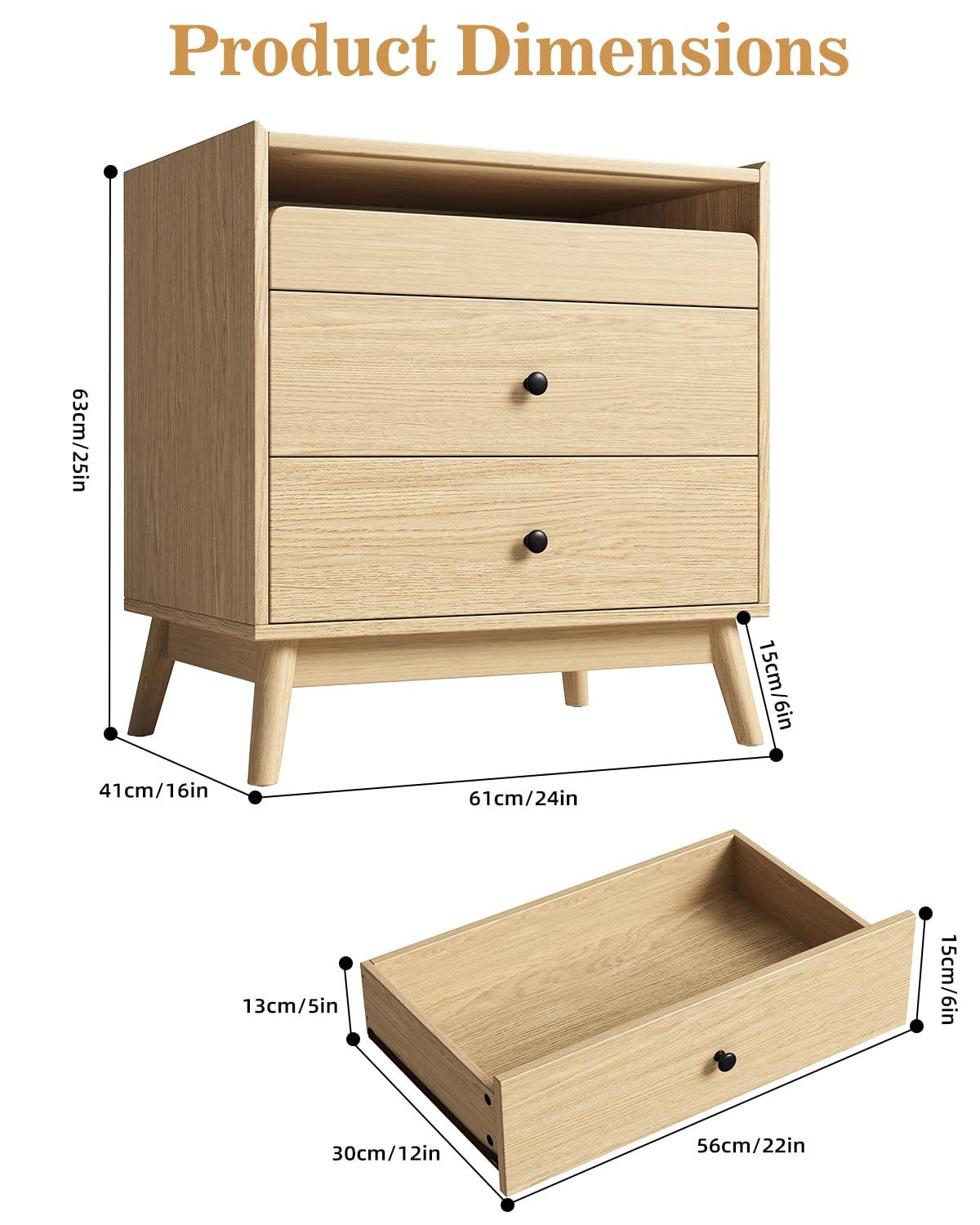 24" Wide Nightstand Set of 2, Hidden Charging Station, 2 Drawers Night Stand with Pull-Out Shelf, Modern Beside End Table for Bedroom, Living Room, Closet, Natural Wood