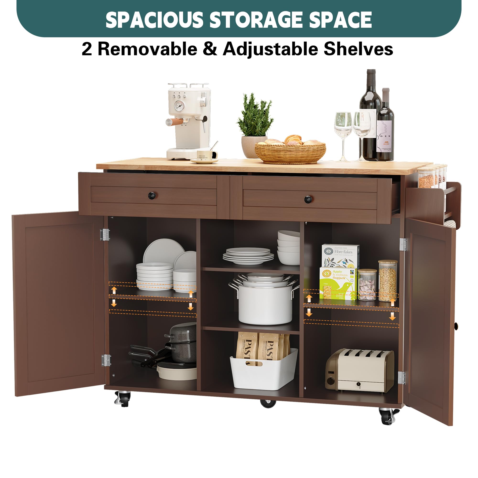 MROJISC Kitchen Island Cart with Storage, Rolling Kitchen Island On Wheels with Solid Wood Drop Leaf Breakfast Bar, Barn Door Island Table for Kitchen with Spice Rack & Towel Rack, Brown