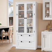 71" Tall Kitchen Pantry Cabinet - Modern Display Storage Cabinet with 2 Large Drawers, Glass Doors, and Adjustable Shelves, Farmhouse Kitchen Cupboard for Dining Room, Bathroom, Living Room, White