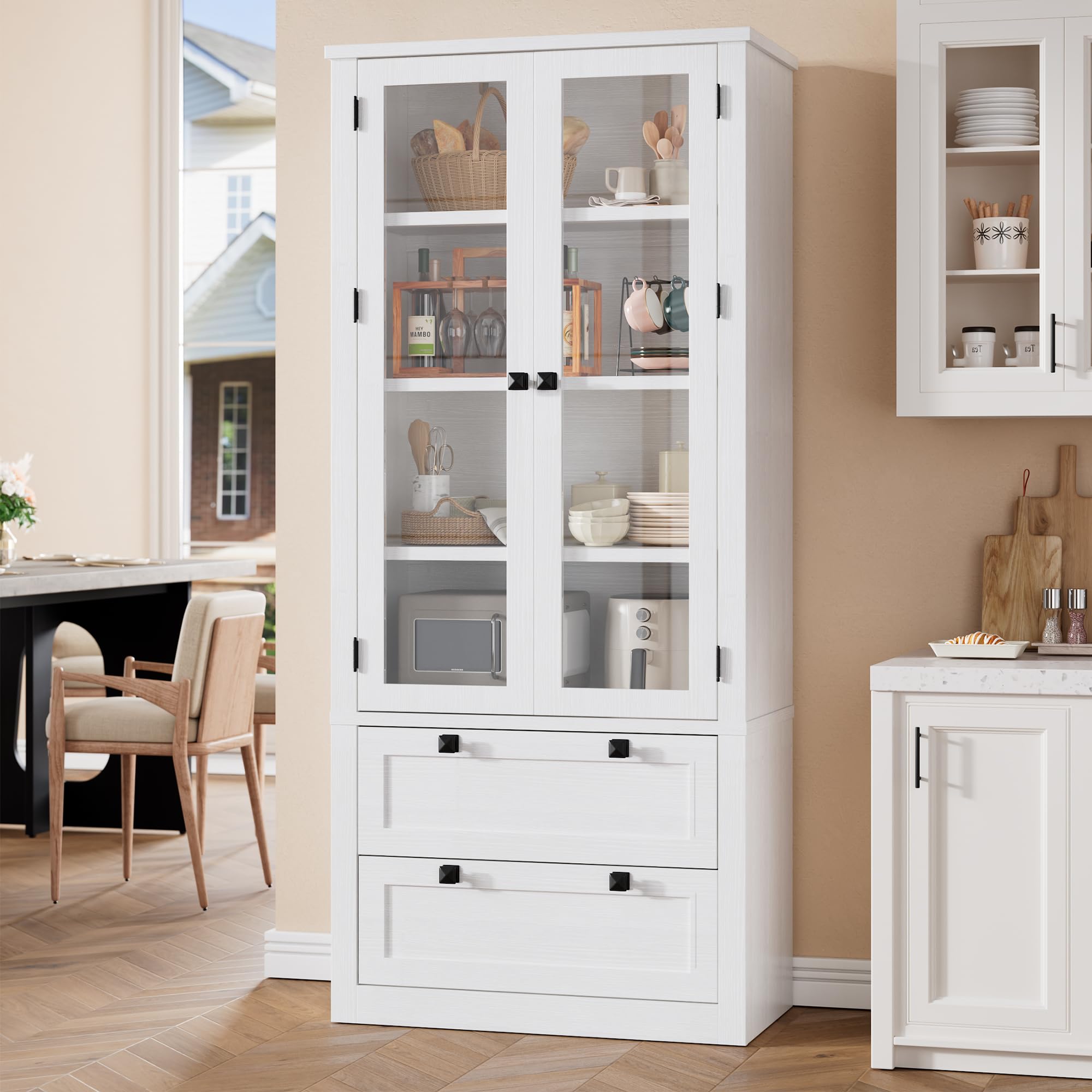 71" Tall Kitchen Pantry Cabinet - Modern Display Storage Cabinet with 2 Large Drawers, Glass Doors, and Adjustable Shelves, Farmhouse Kitchen Cupboard for Dining Room, Bathroom, Living Room, White