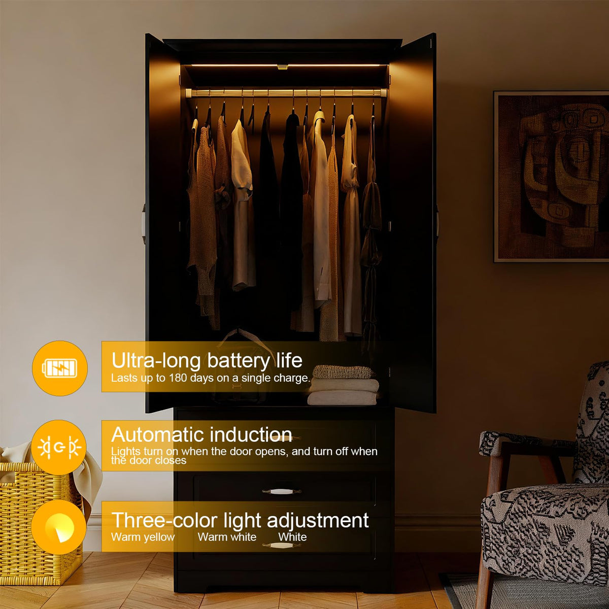 FJTJBSI 72" Wooden Armoire Wardrobe Closet with LED Bedroom Armoire with 3 Drawers and Retro Ceramic Handles Modern Wardrobe Cabinet with Removable Hanging Rod Black
