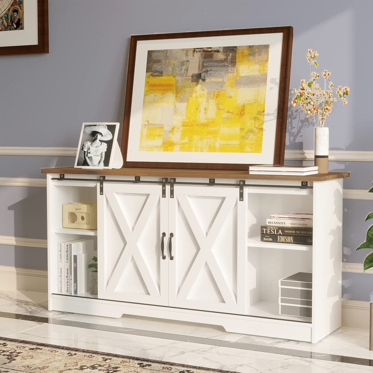 Farmhouse TV Stand for 65 Inch TV, Sliding Barn Doors, White