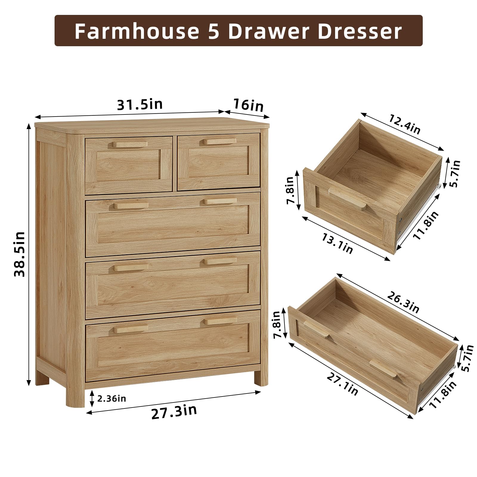Joaxswe Farmhouse 5 Drawer Dresser for Bedroom, Chest of Drawers with 5 Deep Drawer & 4 Thickened Table Legs, Natural Wood