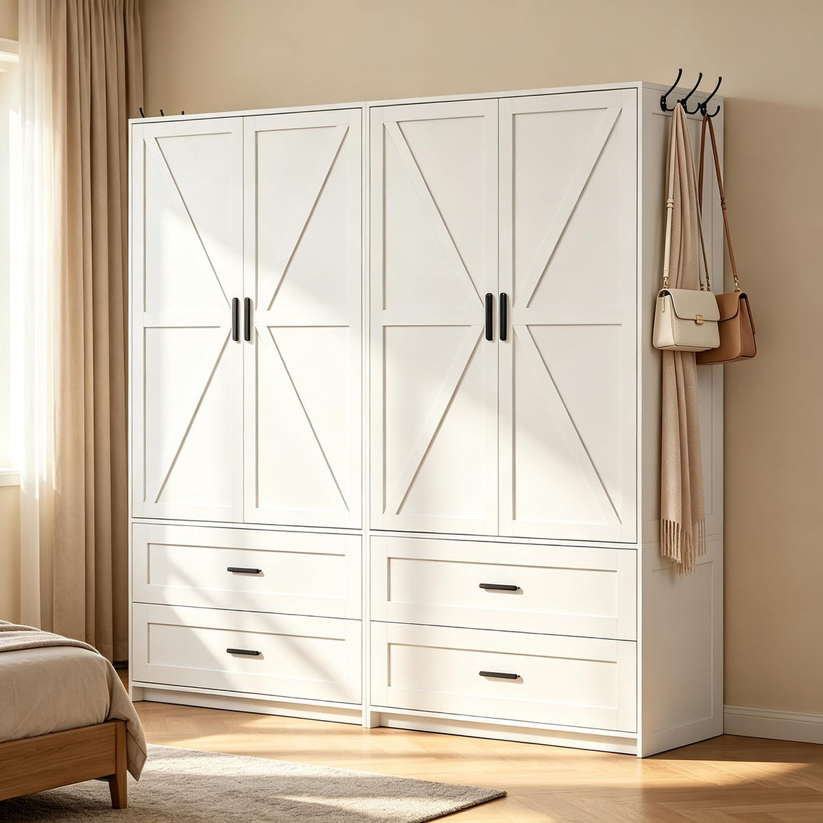 VVFLU 2 Doors Armoire Wardrobe with Mirror Motion Sensor LED Lights Wooden Bedroom Armoire with Removable Hanging Rod. Large Modern White Closet Equipped with 2 Drawers.