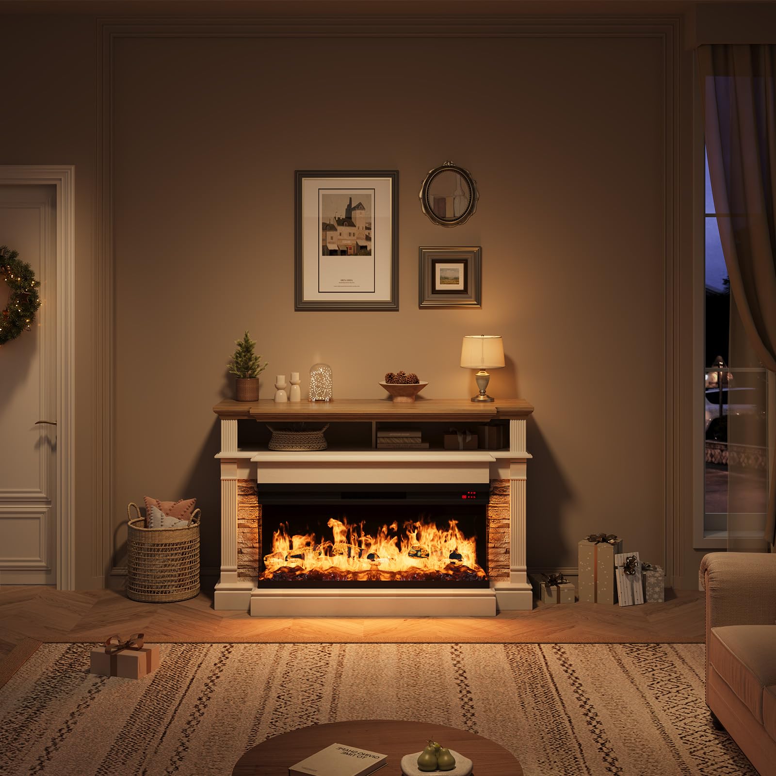 QUW Fireplace TV Stand for TVs up to 65", Farmhouse 52" Fireplace Entertainment Center with 36" 3-Side Glass Electric Fireplace, TV Console with Open Storage Shelves for Living Room, Antique White