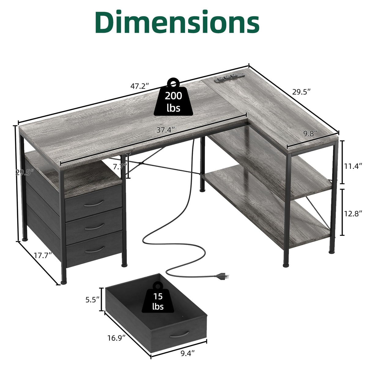 MUTUN L Shaped Computer Desk with 3 Drawers & Power Outlets, 47 Inch Corner Desk with Reversible Storage Shelves, PC Table for Home Office Bedroom (Grey, 47 Inch)