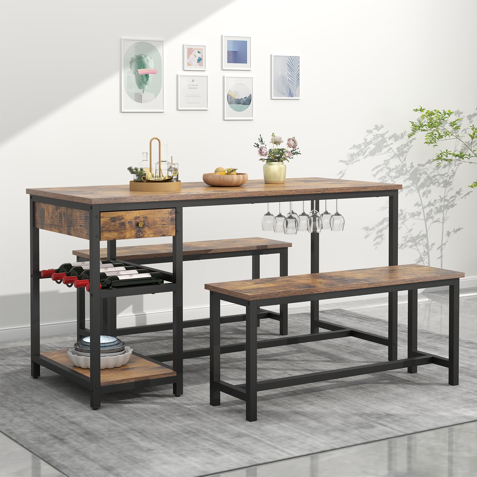 Dining Table Set with Storage & Wine Rack, Brown