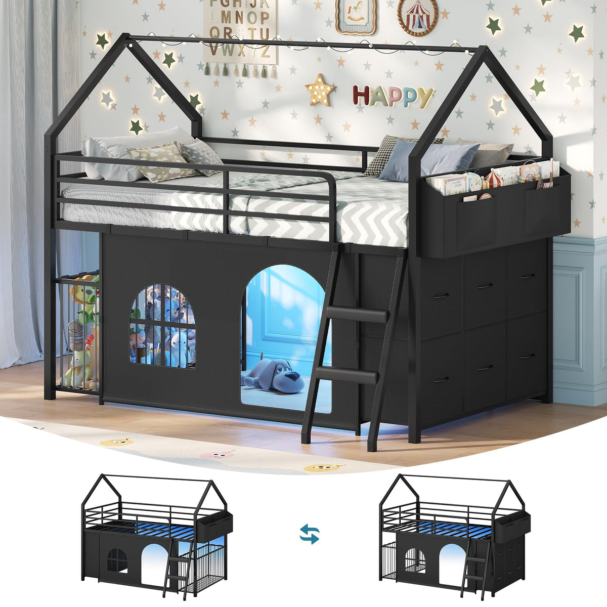 Low Loft Bed T Size with 6 Storage Drawers,Stuffed Animal Storage,LED Light