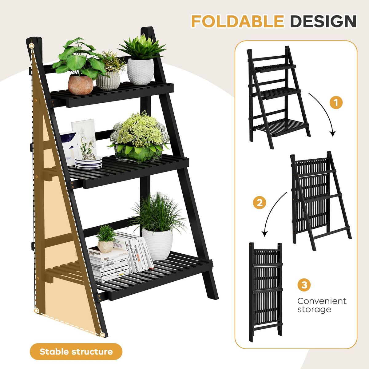 39.4" Foldable Ladder Shelf Plant Shelf, 3 Tier Bamboo Ladder Bookshelf