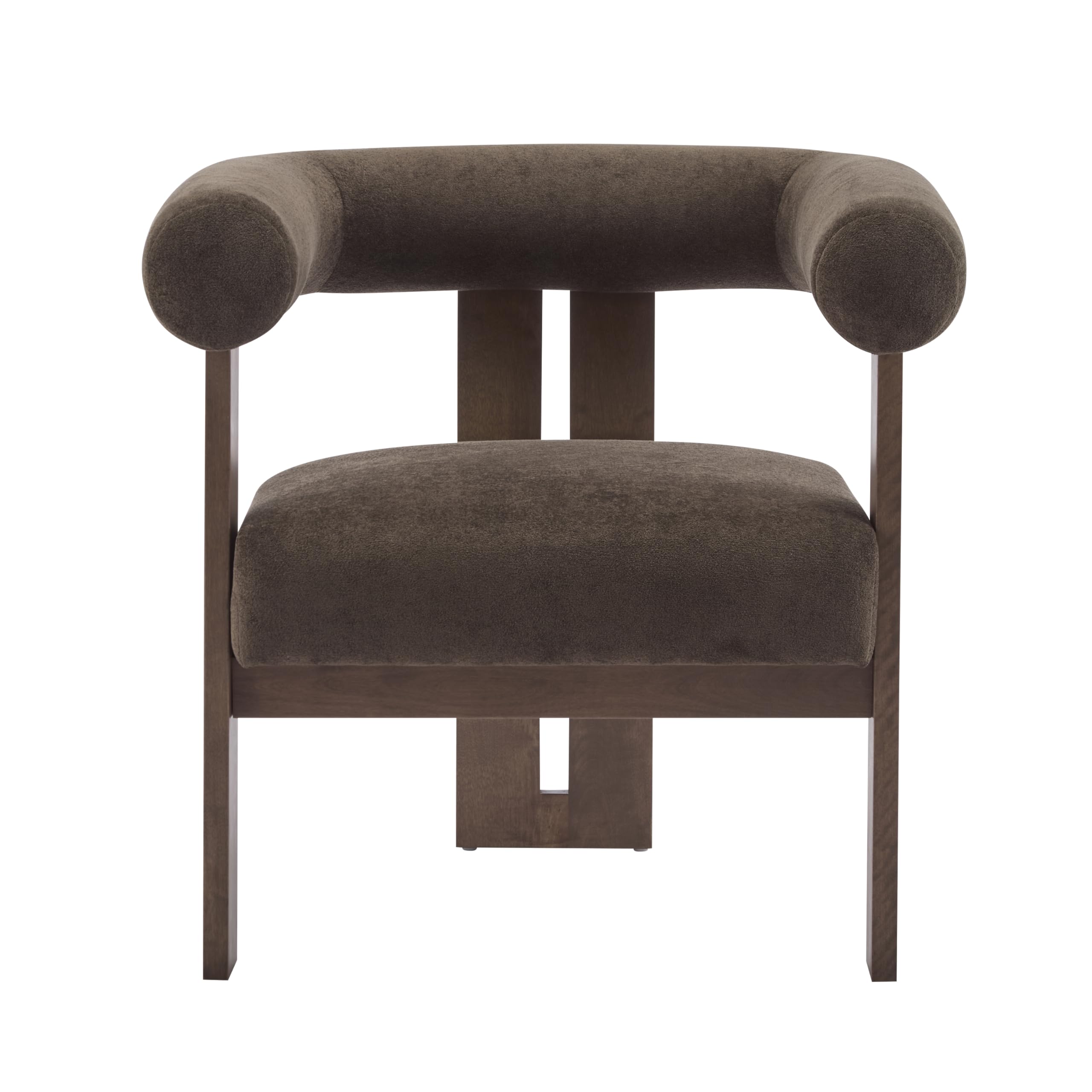 Christopher Knight Home Rones Modern Velvet Upholstered Accent Chair, Wooden Living Room Club Chair with Curved Backrest, Minimalist Bedroom Comfy Reading Chair, Thick Padded Seat, Dark Brown+Walnut