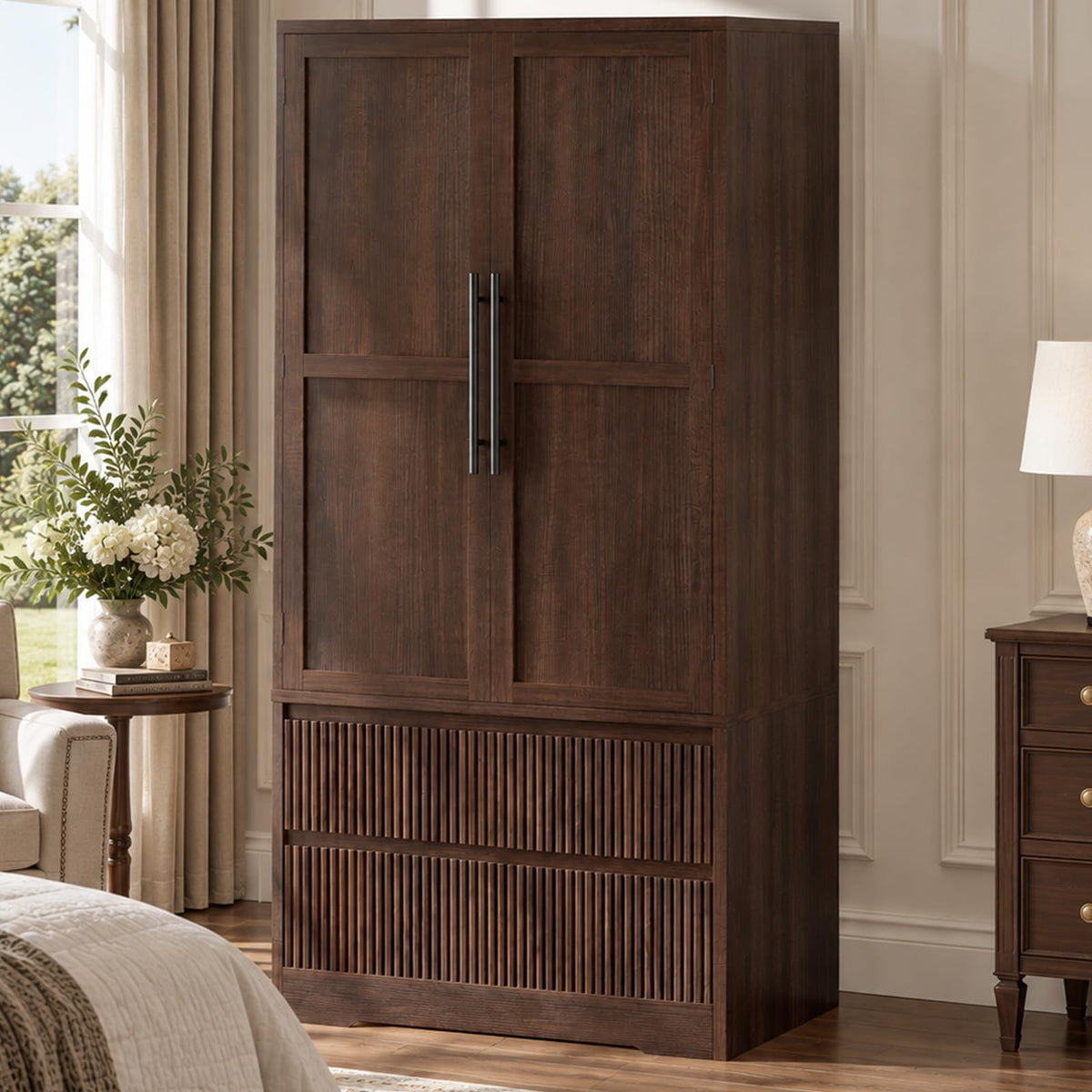 IDEALHOUSE Bedroom Armoire Wardrobe Closet w/ Wood Door & 2 Fluted Drawers