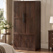 IDEALHOUSE Bedroom Armoire Wardrobe Closet w/ Wood Door & 2 Fluted Drawers