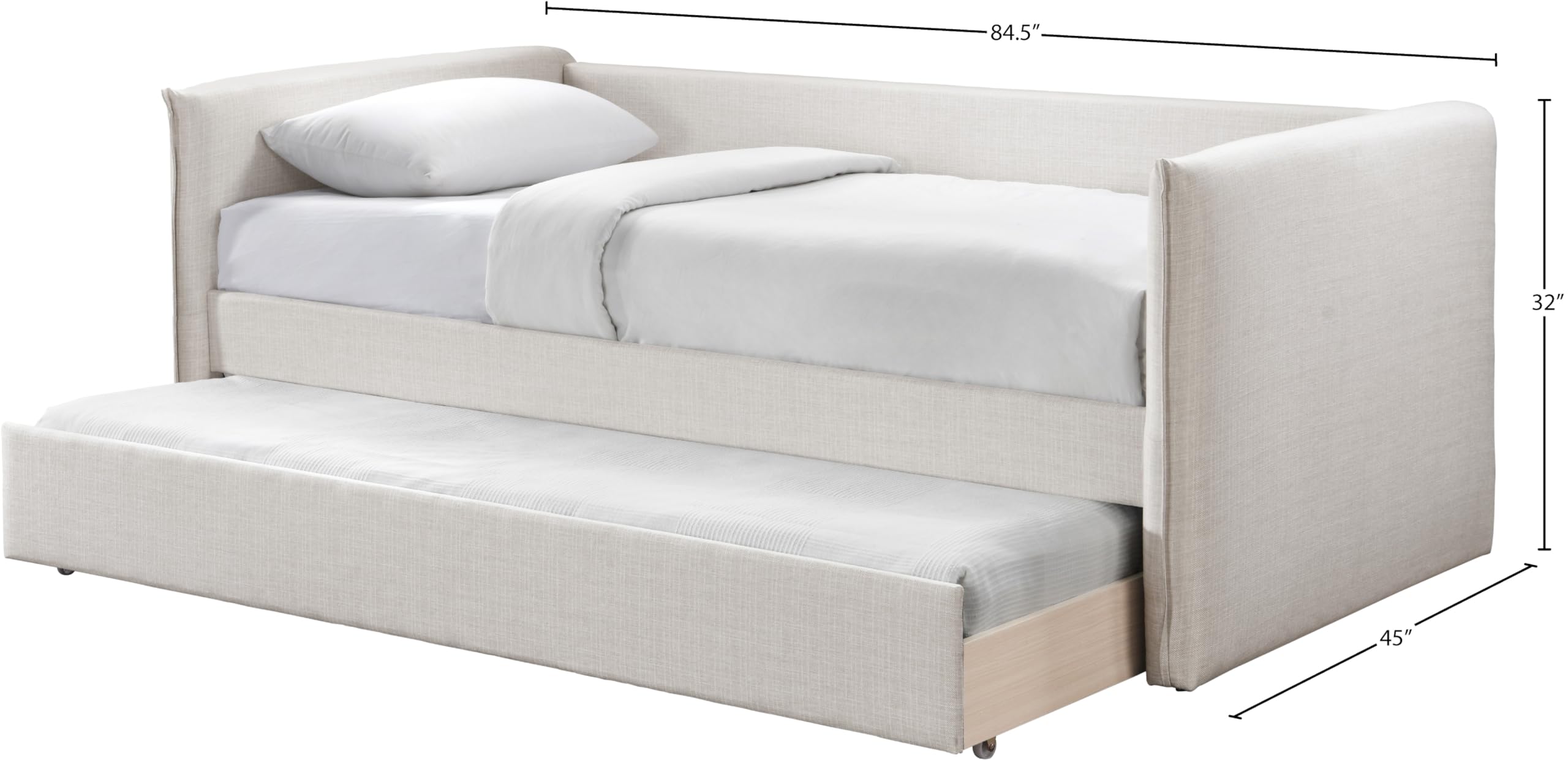 Meridian Furniture ColtonCream-T Colton Collection Modern | Contemporary Twin Daybed with Soft Cream Durable Linen Textured Fabric, Twin Trundle, 84.5" W x 45" D x 32" H, Cream