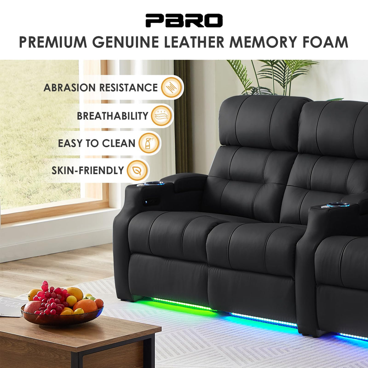 PBRO Home Theater Seating Top Grain Leather Theater Recliner Sofa Zero Gravity Movie Theater Reclining Chairs for Living Room with Power Headrest, USB Charge, Ambient Lighting Black, 1-Seat
