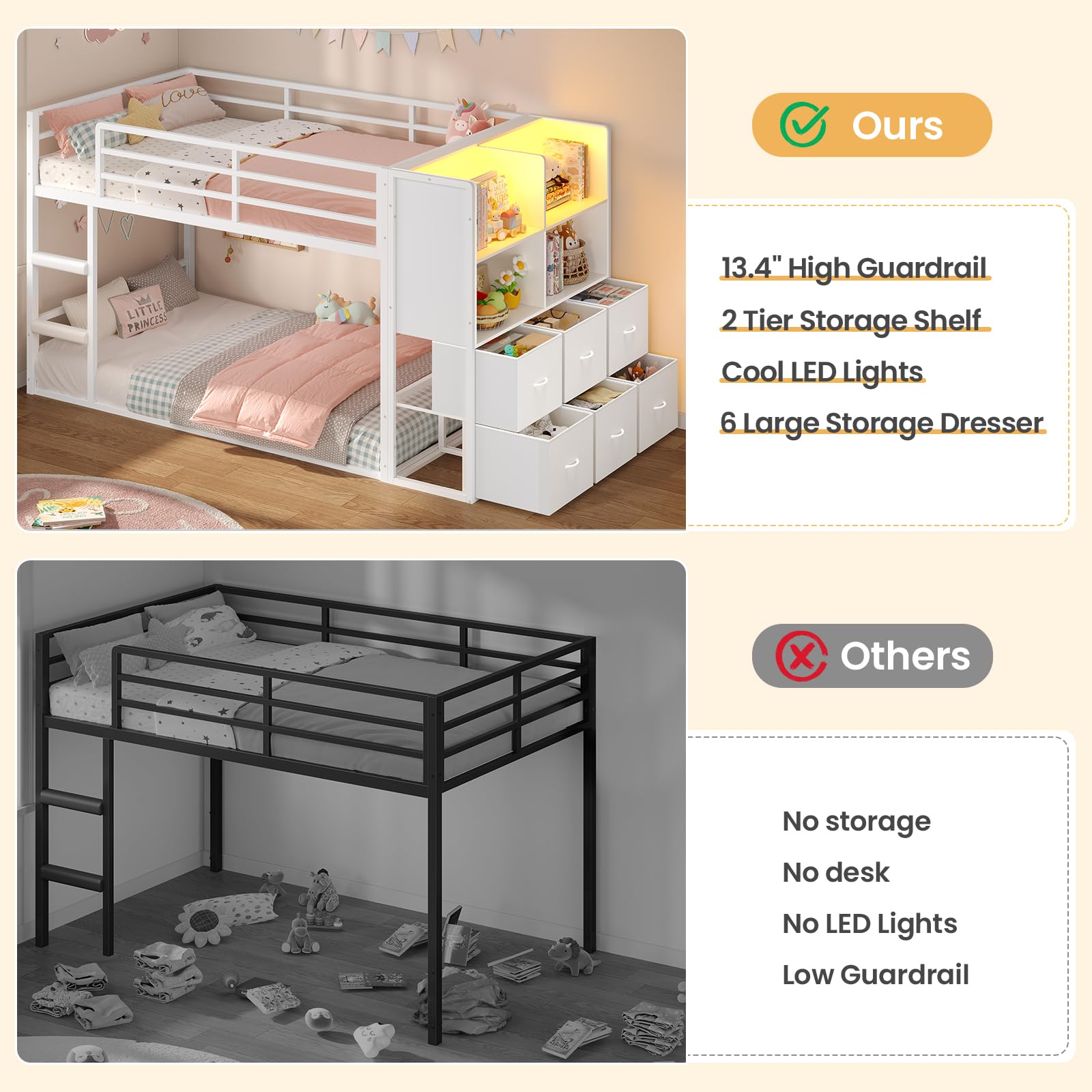 Twin Over Twin Bunk Bed with Storage & LED Lights
