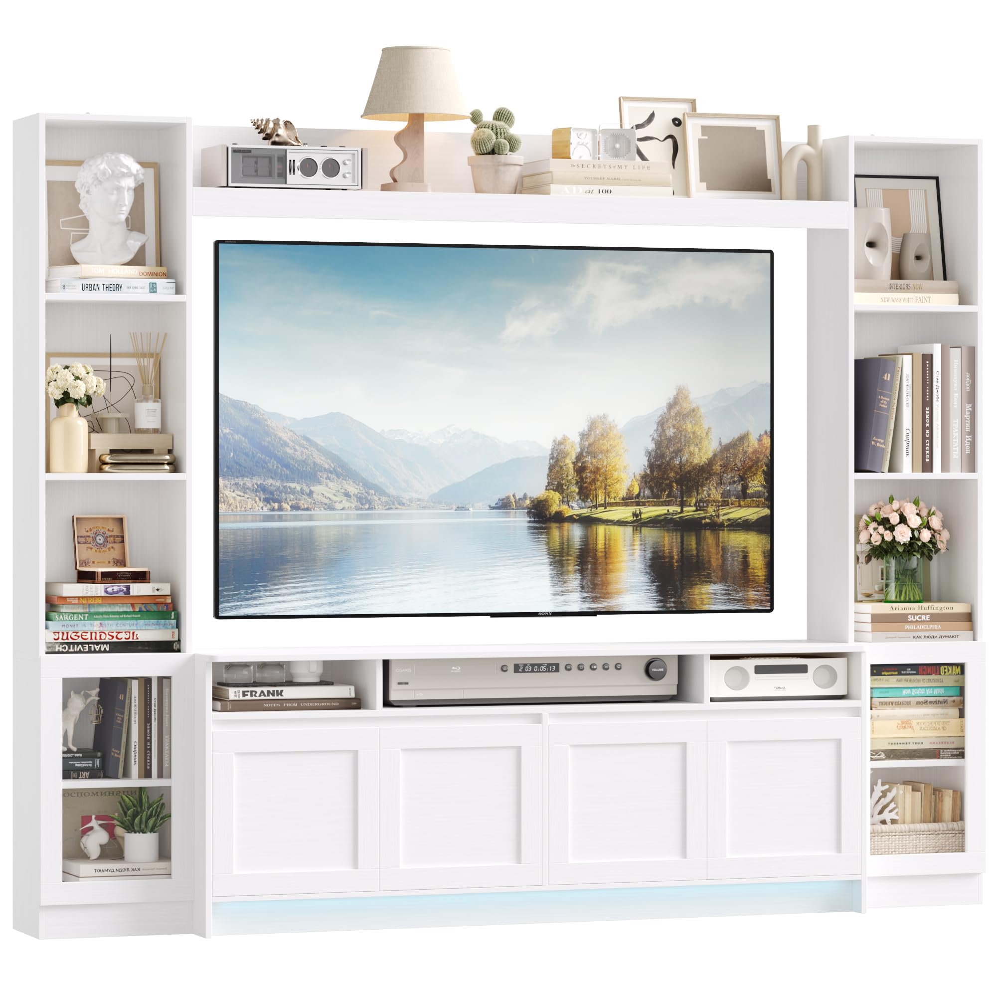 FACBOTALL 79" W Entertainment Center with Bookshelves & Storage Cabinet, Modern Wall Unit TV Stand for TVs up to 60", Large TV Console with LED Lights for Living Room, White
