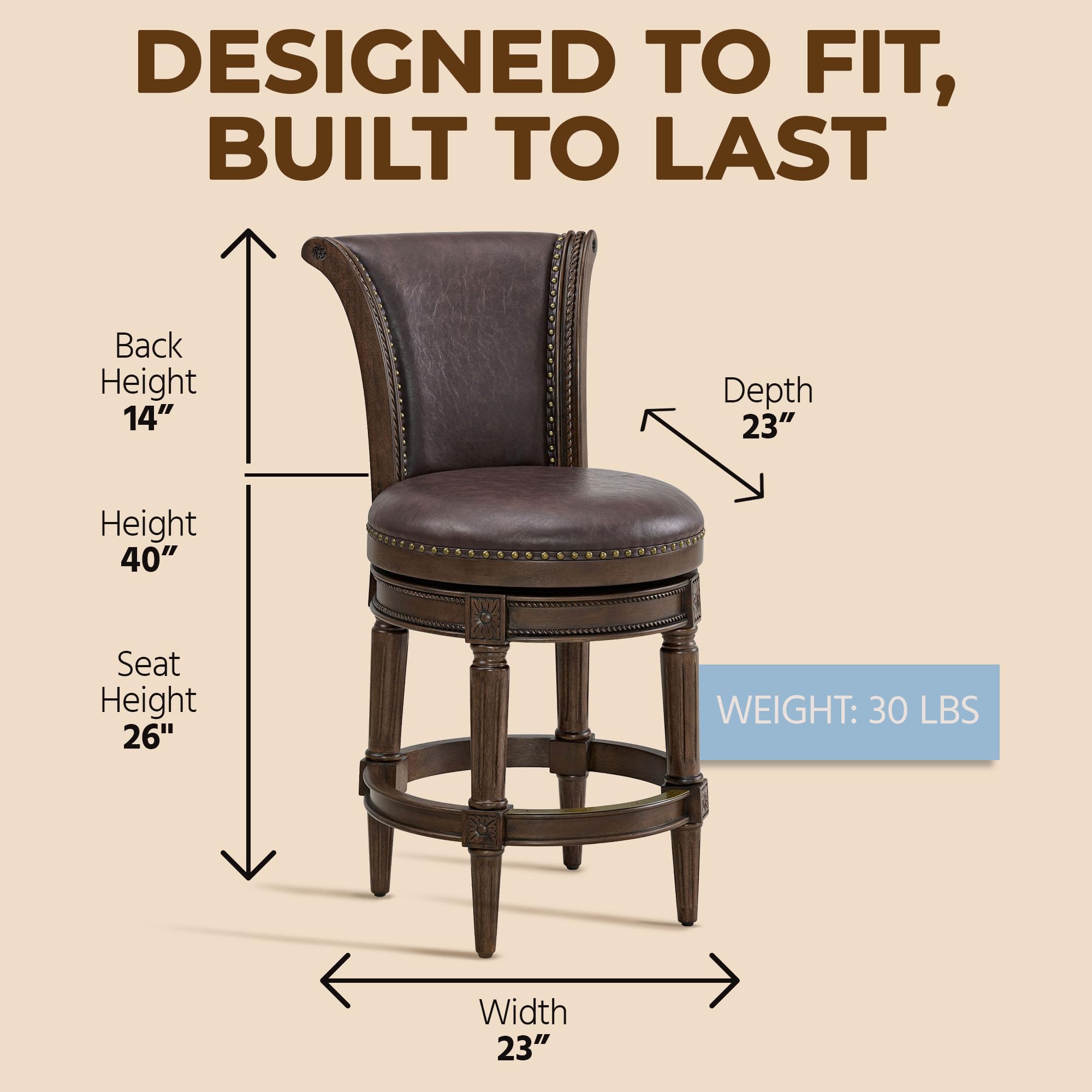 ROME + OAK Set of 3 Runyan 26" Swivel Counter Stool, Rotating High Back Barstool in Dark Walnut Finish with Vintage Brown Vegan Leather Seat