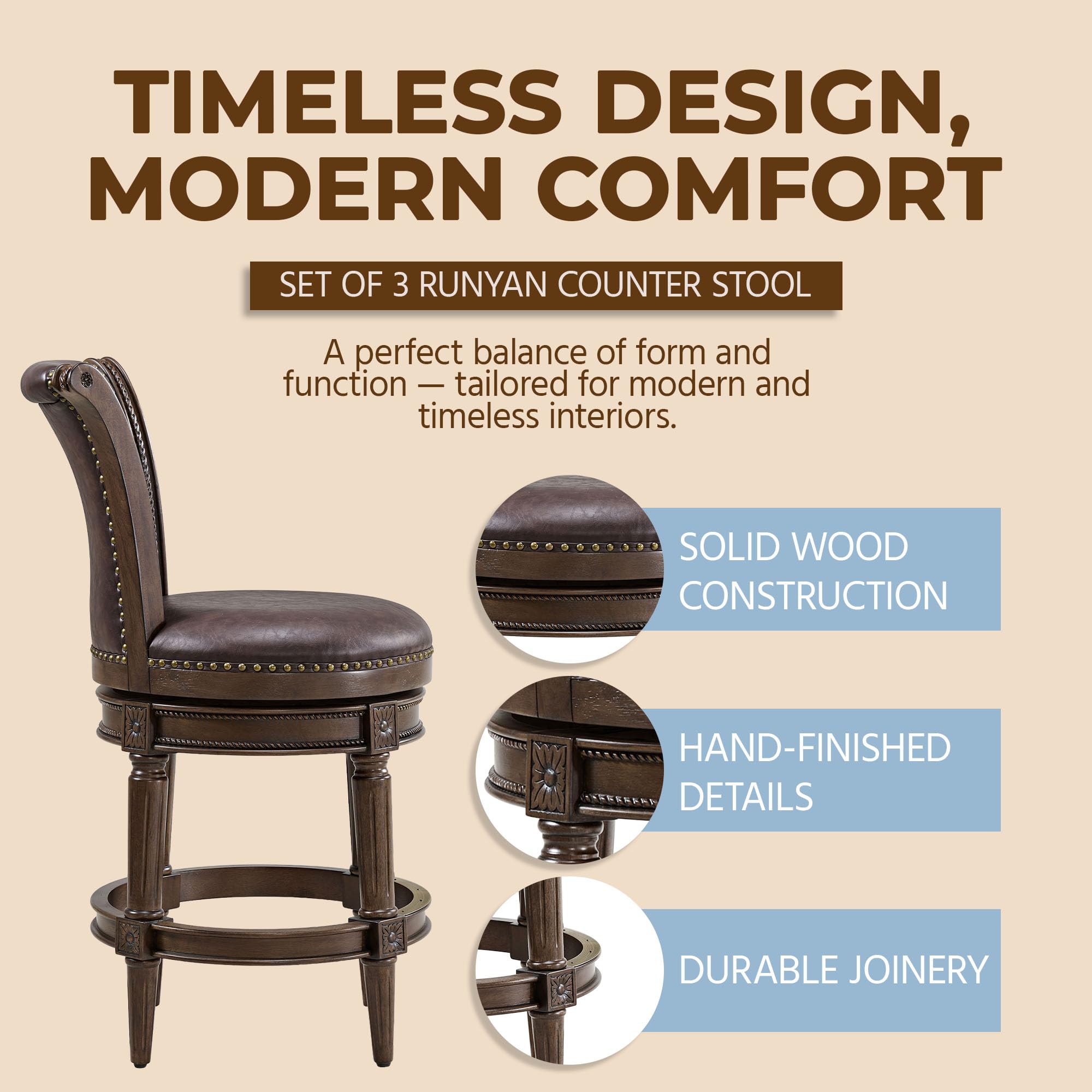 ROME + OAK Set of 3 Runyan 26" Swivel Counter Stool, Rotating High Back Barstool in Dark Walnut Finish with Vintage Brown Vegan Leather Seat