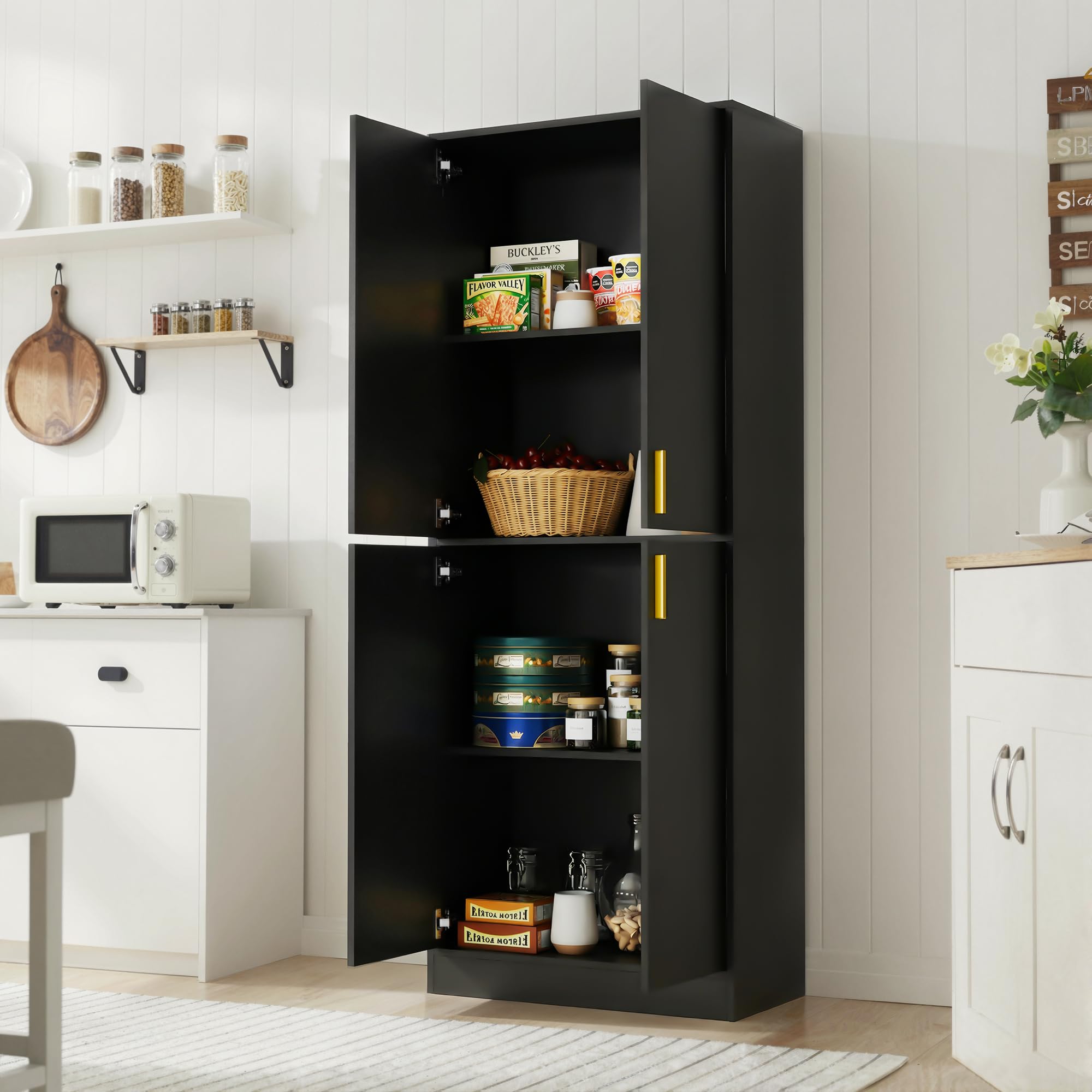 Cozy Castle Kitchen Pantry Cabinet, 71" Tall Wood Storage Cabinet with Doors and Shelves 4 Doors Freestanding Cupboard for Dining Room Living Room Furniture, Black