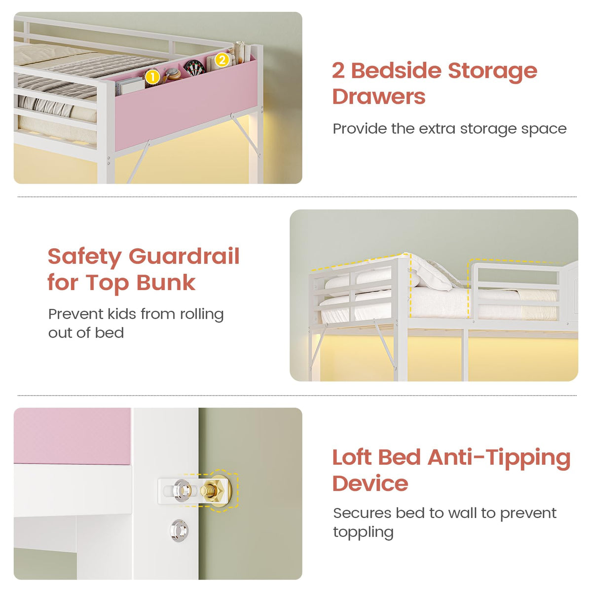 AOGLLATI Bunk Bed Twin Over Twin with 6 Storage Drawers for Kids Teens,Metal Led Loft Bed with Bedside Storage,Safety Guardrails for Small Space, No Box Spring Needed,White
