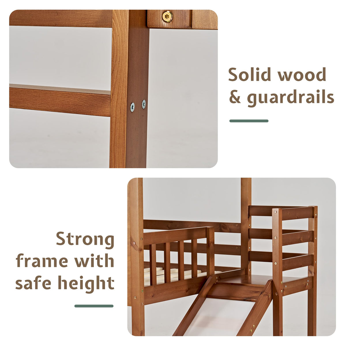 Jocisland Twin Over Twin Bunk Bed with Slide and Ladder, Solid Wood, Oak