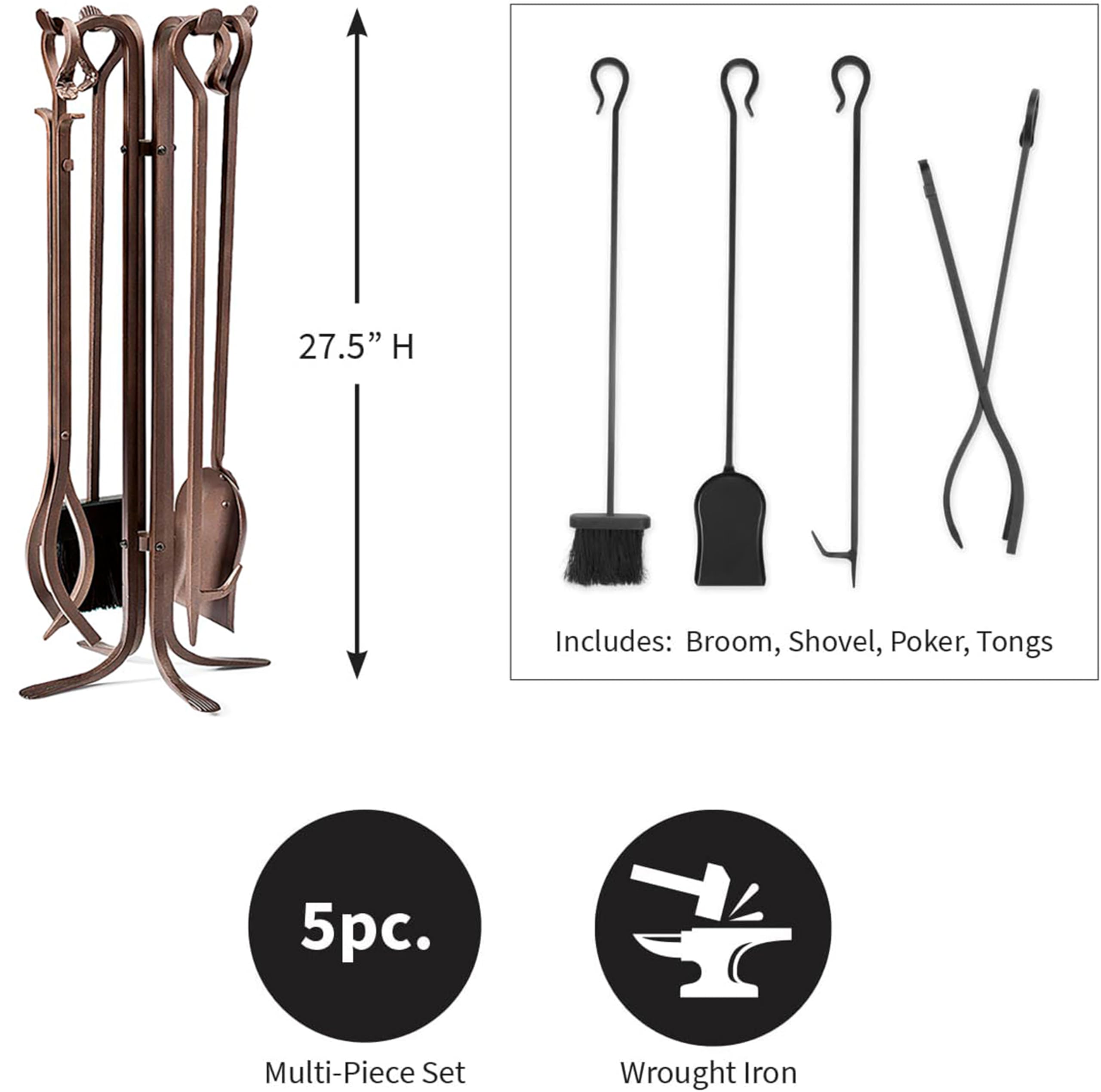 5-Piece Hand-Forged Iron Fireplace Tool Set 27.5"