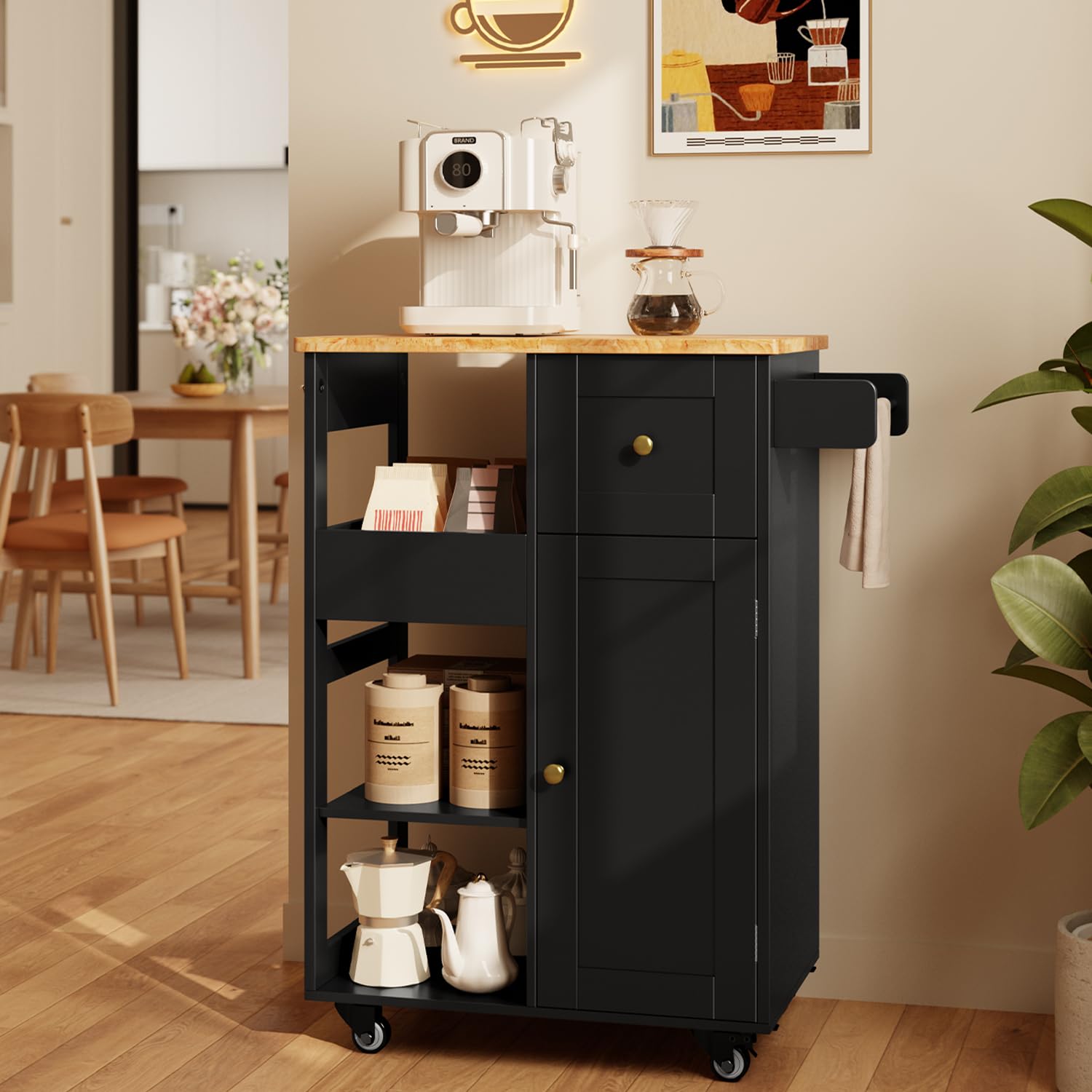 Gizoon Kitchen Island Cart on Wheels, with Thickened Wooden Countertop, Rolling Serving Utility Cart with Drawers and Doors, Bar Cart with Adjustable Shelf and Removable Tray for Dining Room, Black
