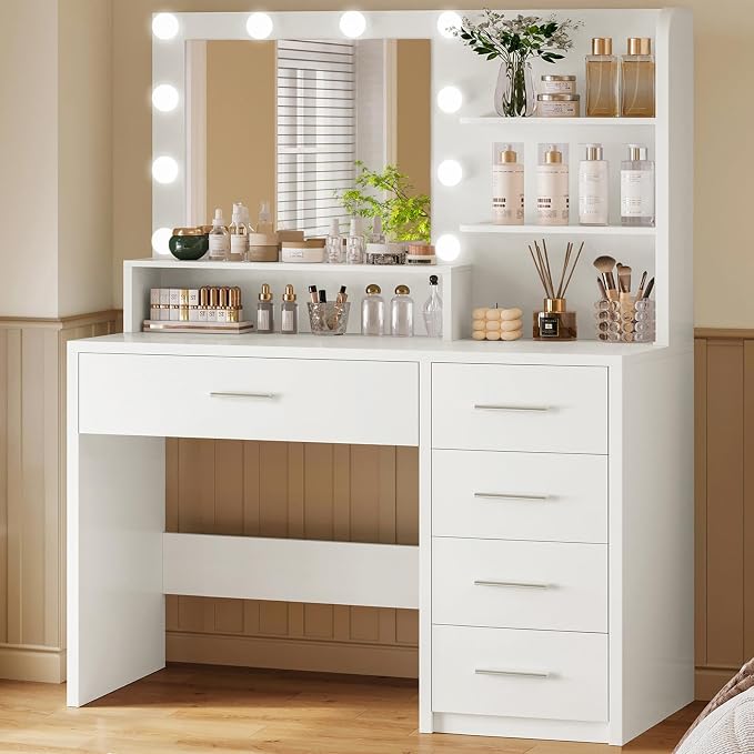 9-Drawer Vanity Desk with Lighted Mirror