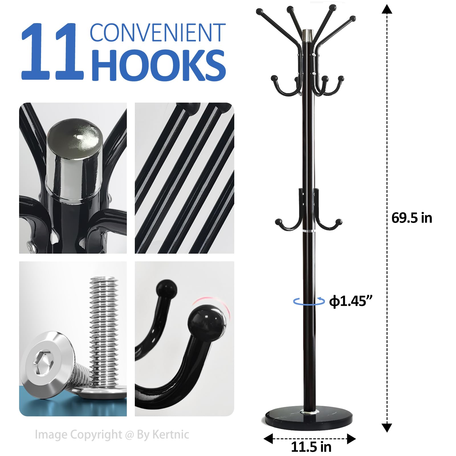 Freestanding Coat Rack with Marble Base & 11 Hooks