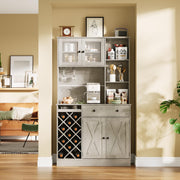 GarveeLife Tall Wine & Coffee Bar Cabinet – Modern Sideboard Buffet, Barn Doors, Storage Hutch, Power Outlets, Glass Holder, Wine Rack – for Dining Room, Kitchen, or Living Room – Grey