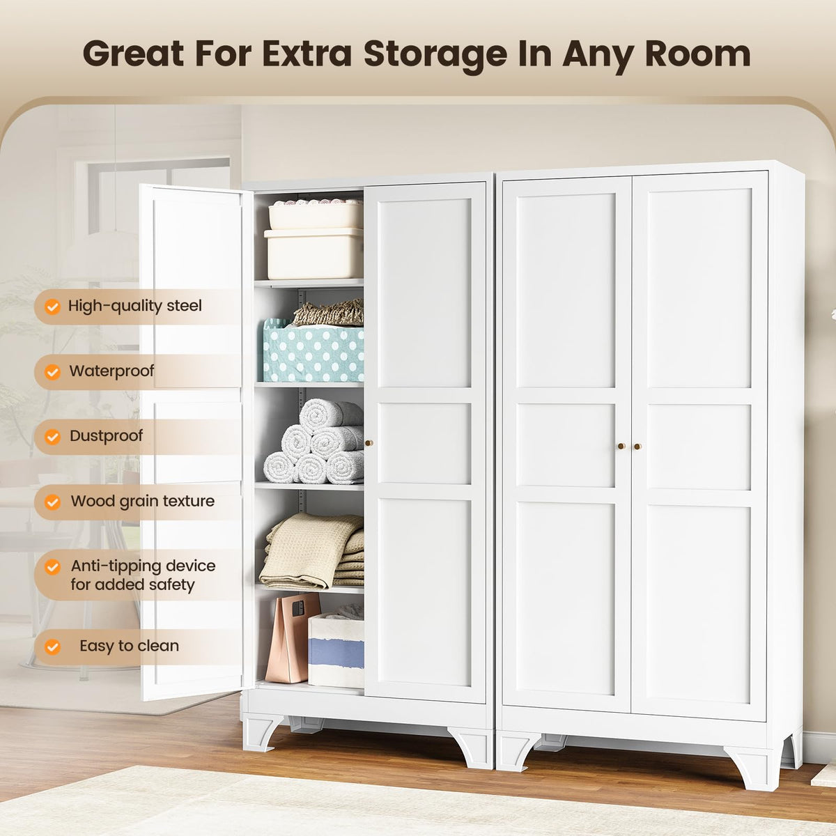 White Metal Pantry Storage Cabinet Tall Storage Cabinet Kitchen Pantry 75"