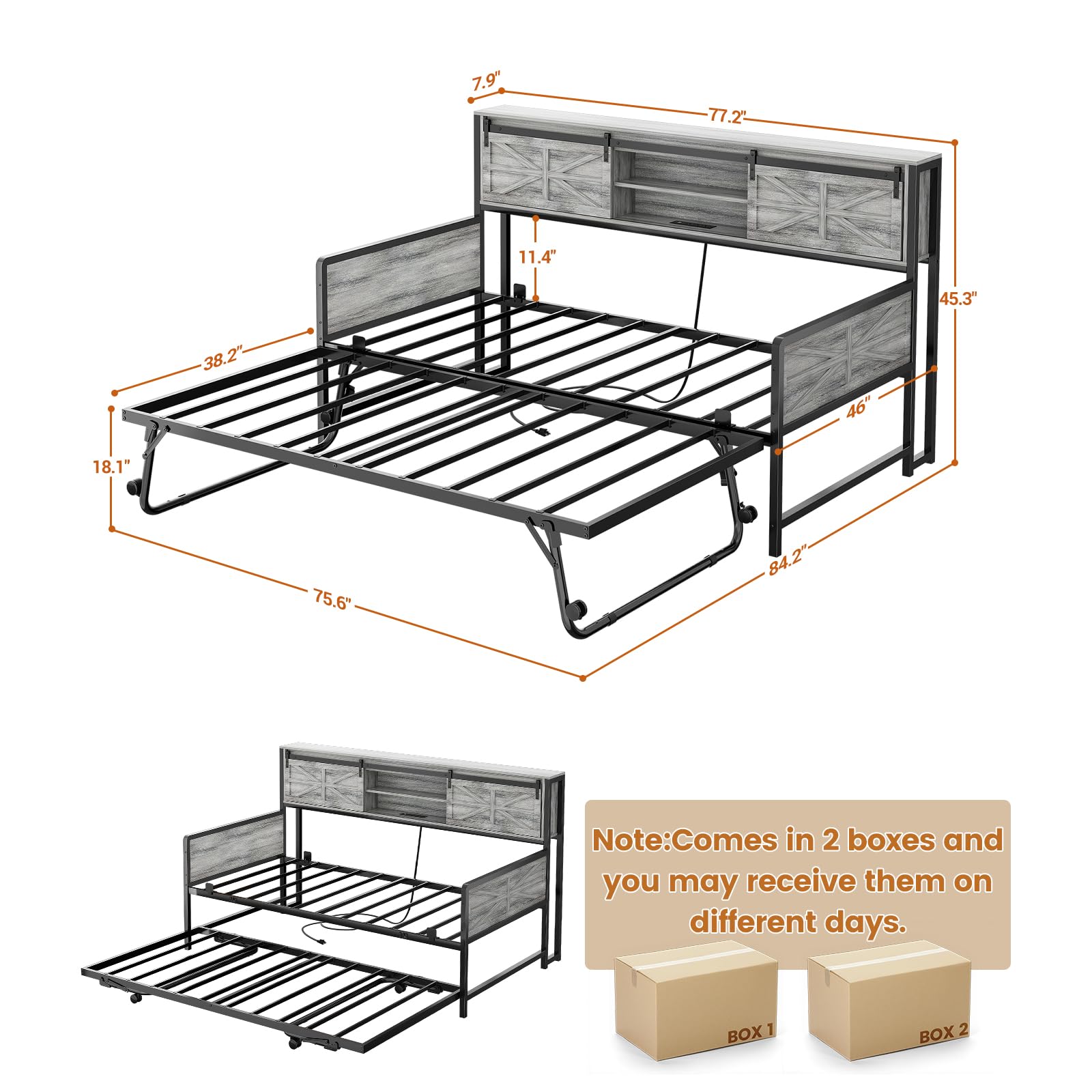 Homieasy Farmhouse Twin Daybed with Pop-Up Trundle, Metal Trundle Bed Frame with Bookcase Headboard, Charging Station & Barn Door Storage for Bedroom & Guest Room, Light Oak