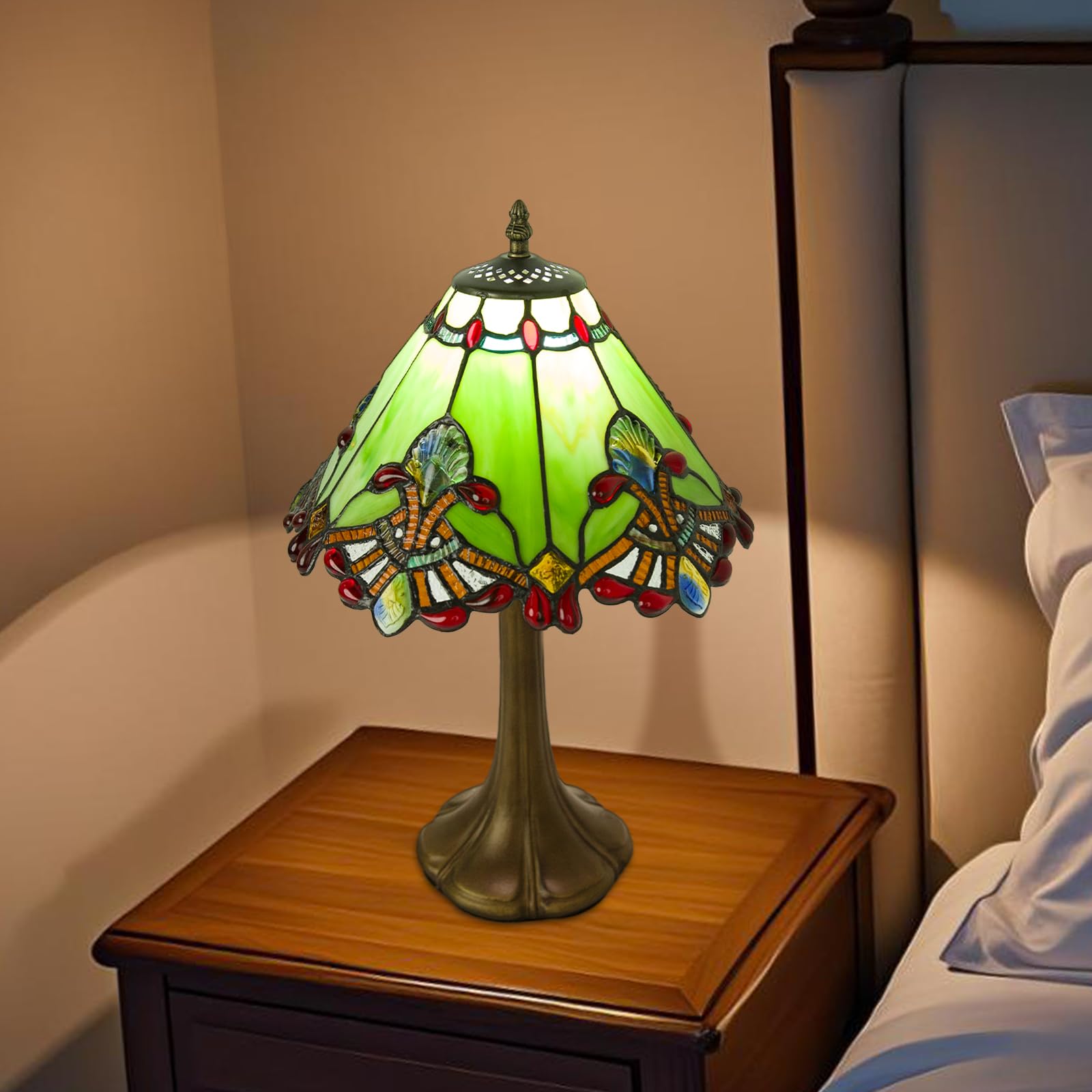 JHuiLap 12 Inch Tiffany Style Table Lamp, Baroque Stained Glass Lamp with Remote Control, Stepless Dimmable & 3 Color Temperatures, Desk Lamps for Bedroom Farmhouse Bedside Nightstand Bedside（Green