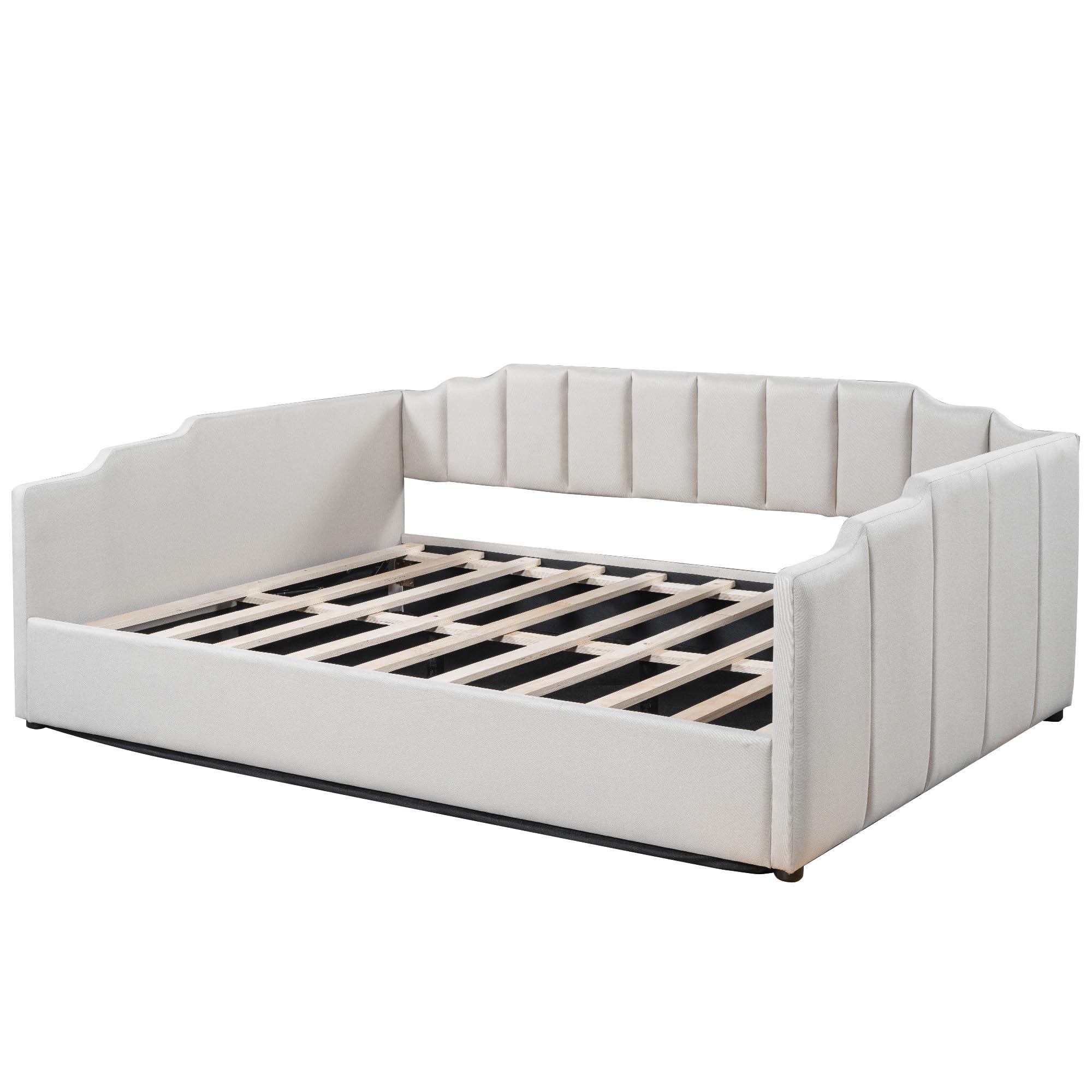 Merax Daybed, Full Size Tufted Upholstered Linen Fabric Sofa Bed with Underneath Storage for Bedroom, Wood Slat Support, No Box Spring Needed, Easy Assembly, White