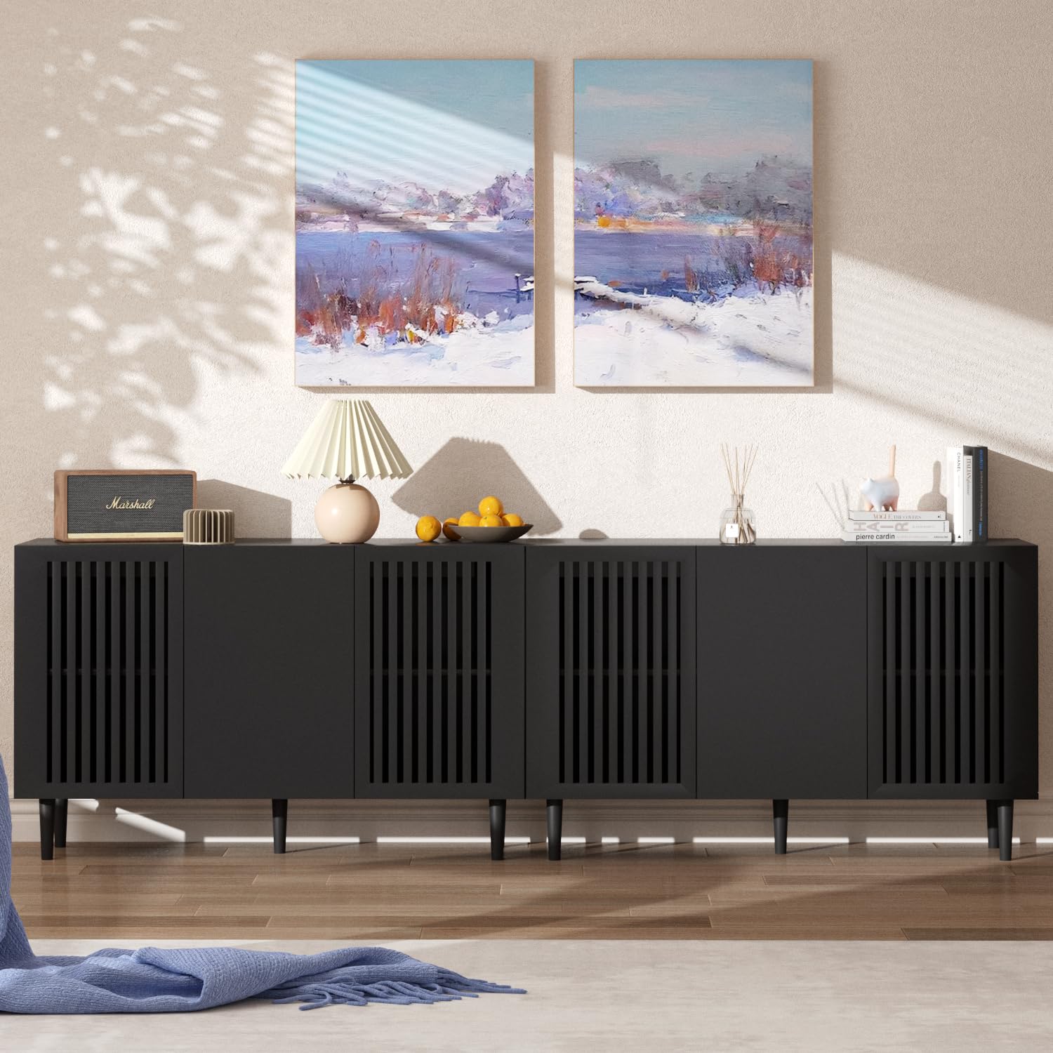 Storage Cabinet, 94.4" Freestanding Buffet Cabinet with 6 DIY Doors and Adjustable Shelf,Modern Sideboard Coffee Bar with Solid Wood Feet ,TV Stand for Living Room,Dining Room,Kitchen,Black,Set of 2