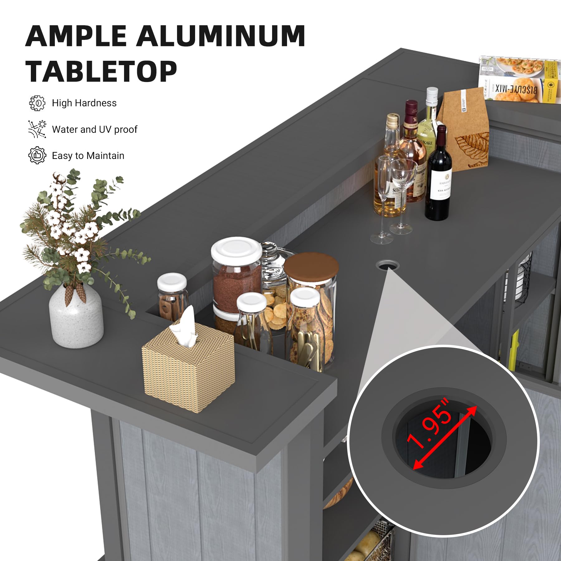Domi Outdoor Bar Table, Home Bar Unit with Aluminum Frame, Patio Bar Table with Storage Cabinet & Footrest, Liquor Cabinet Bar for Patio Backyard Home Kitchen, Gray, 75.98" x 28.94"