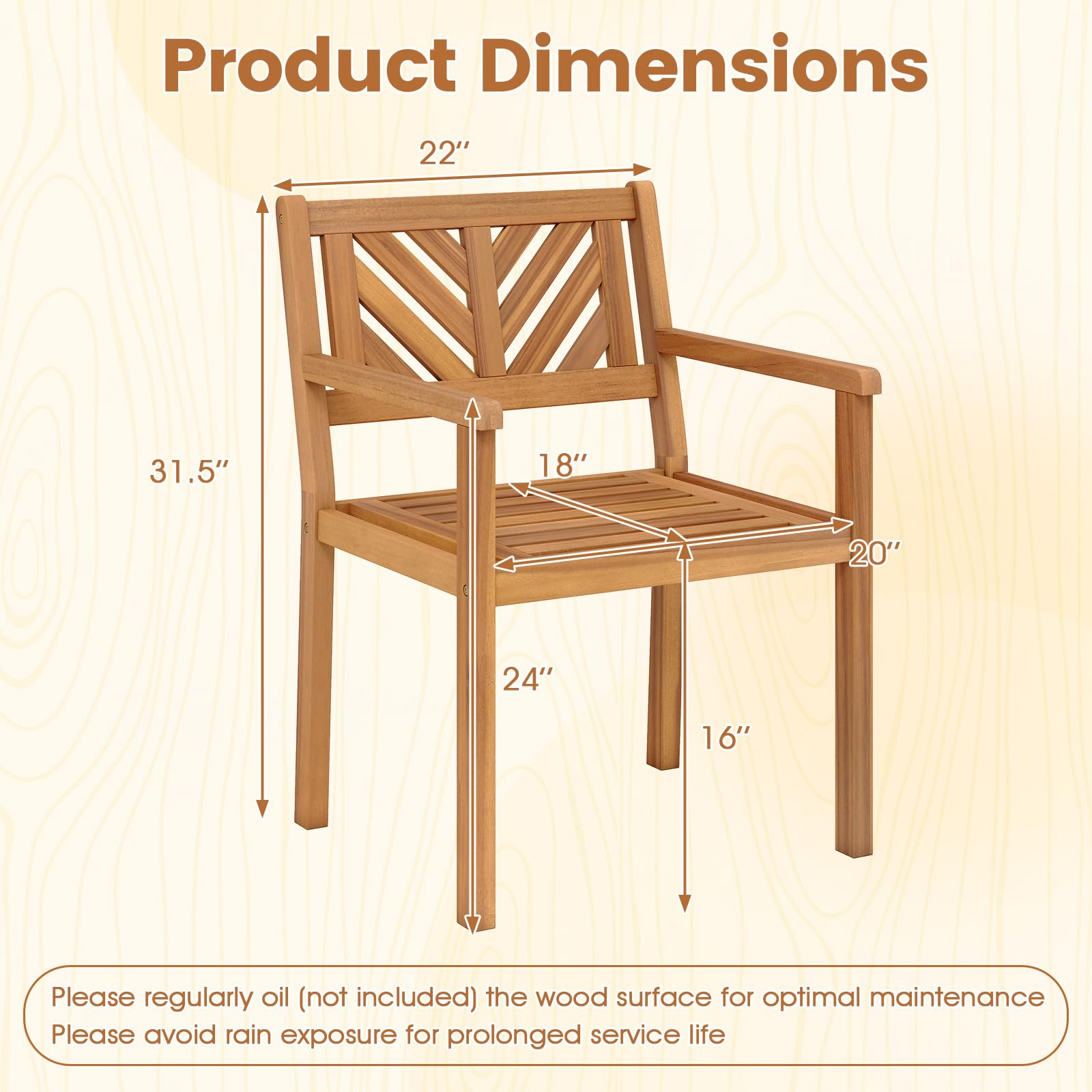 Tangkula Acacia Wood Patio Dining Chairs Set of 4, Outdoor Dining Chairs with 400 lbs Capacity, Teak Finish, Heavy-Duty Wooden Armchairs for Porch, Deck, Backyard & Balcony