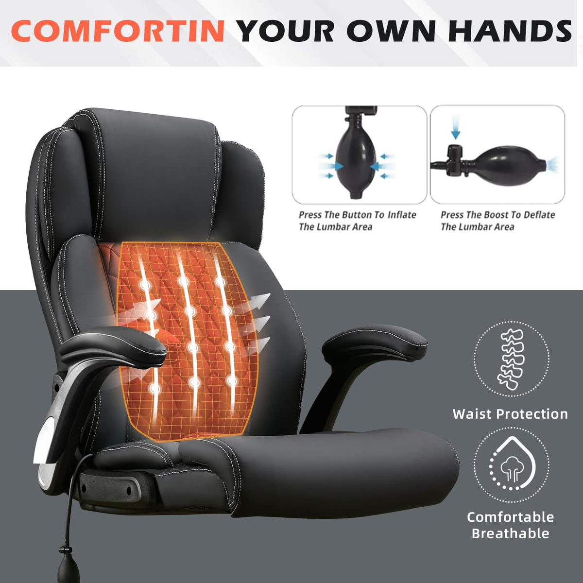700lbs Big and Tall Office Chair - Heavy Duty Executive Desk Chair with Inflatable Lumbar Support, Extra Wide Padded Seat, Flip-up Arms, Metal Base & Quiet Rubber Wheels, High Back Ergonomic Chair