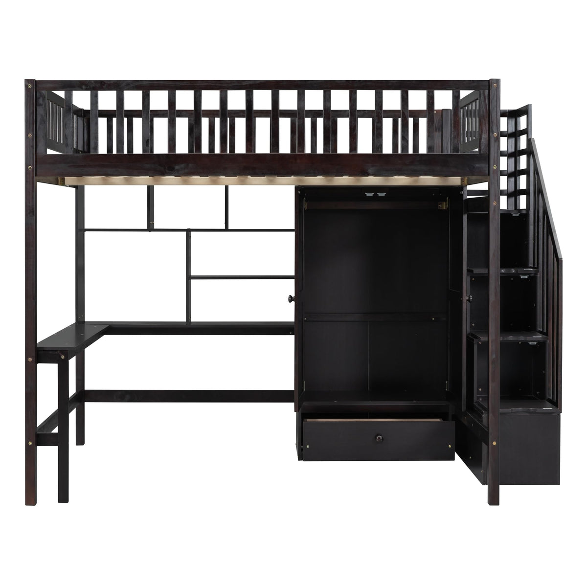 Full Size Loft Beds Stairway Loft Bed Frame with Wardrobe, Desk, Bookcase and Drawers, Espresso