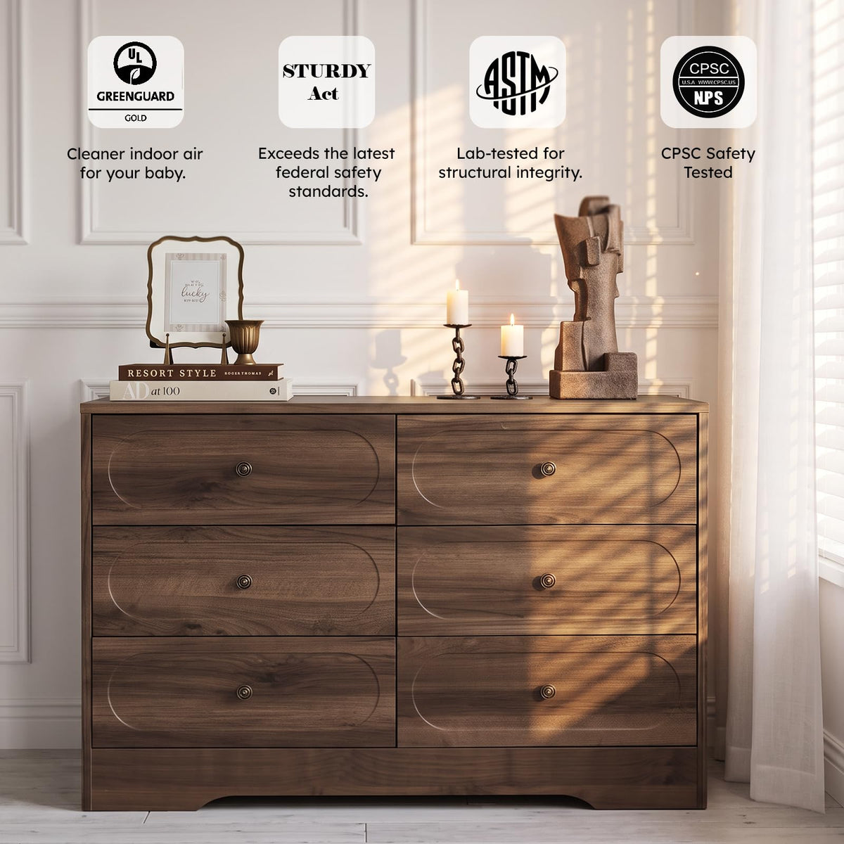 Walnut 6-Drawer Dresser