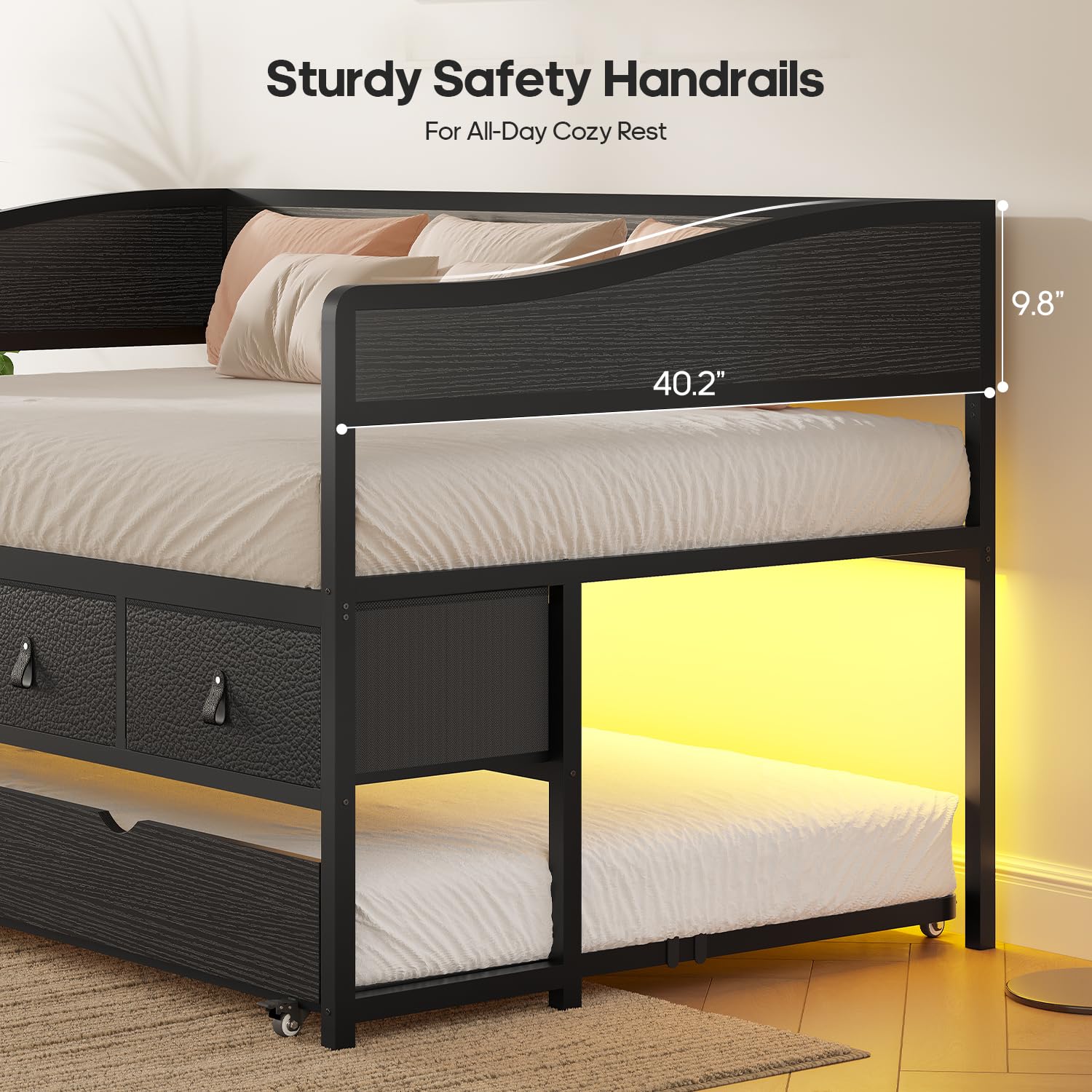 ADORNEVE Twin Daybed with Trundle, Metal Trundle Bed Twin with 4 Storage Drawers and LED Light, Sofa Day Bed Frame with Strong Supports for Living Room, Bedroom and Guest Room, Black