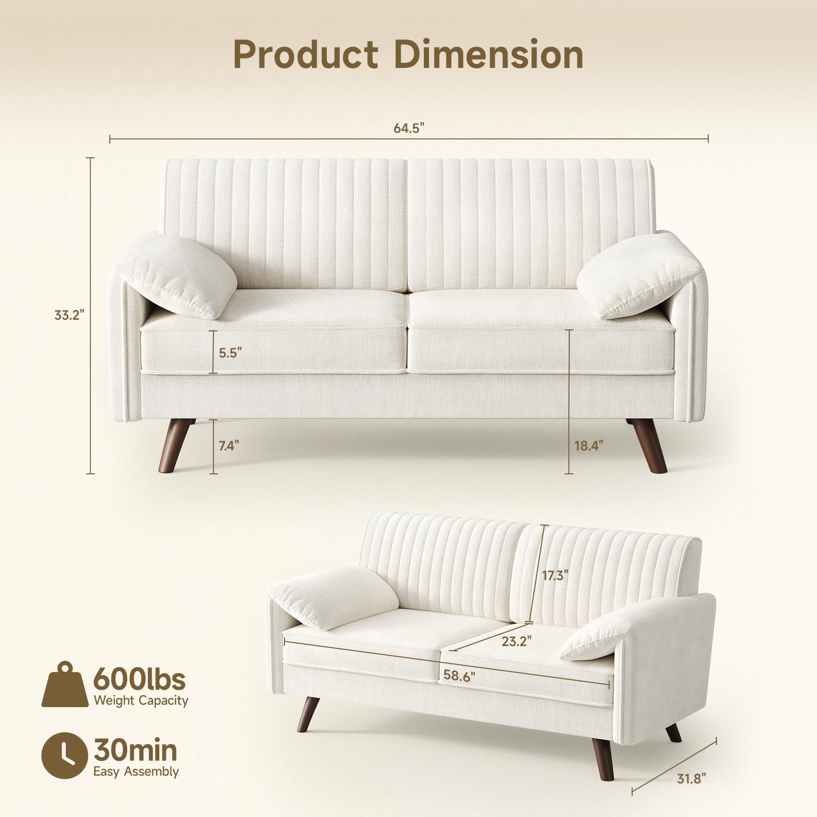 64.5" Loveseat Sofa with Padded Arms