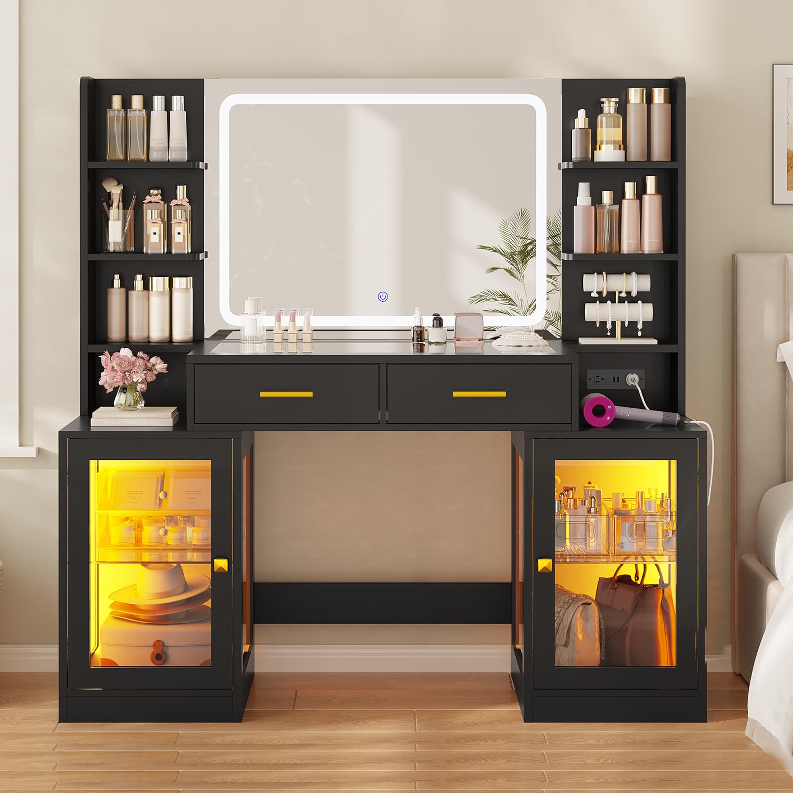 ADORNEVE Makeup Vanity with Mirror & Lights, RGB Cabinets, Vanity Desk with 2 Glass Top Drawers & Power Outlet, for Teen Girls, Women, Black