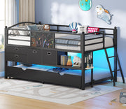 Low Loft Bed Twin with Trundle, LED Lights & Storage