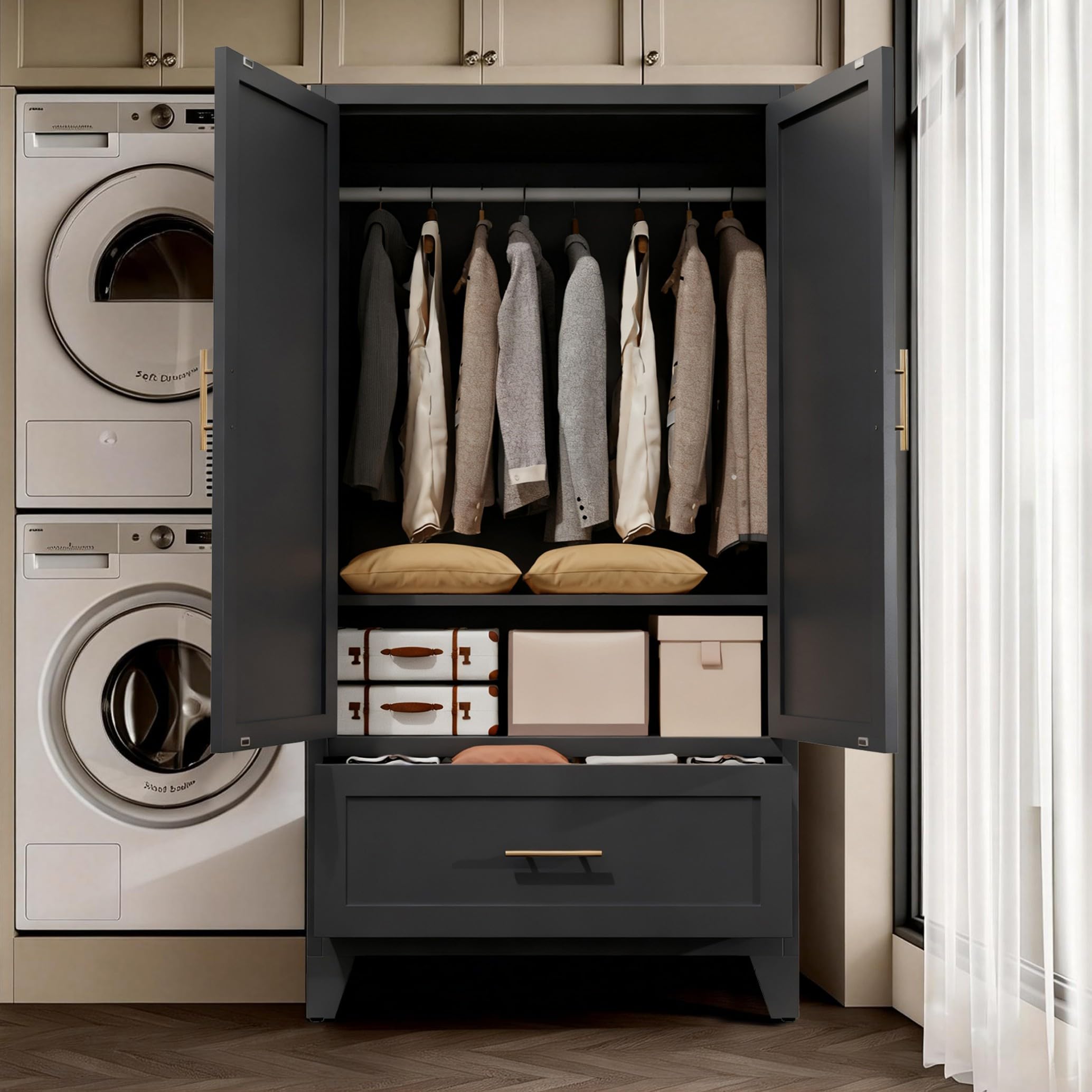 Steel Wardrobe Cabinet with Drawer, Hanging Rod & 2 Doors